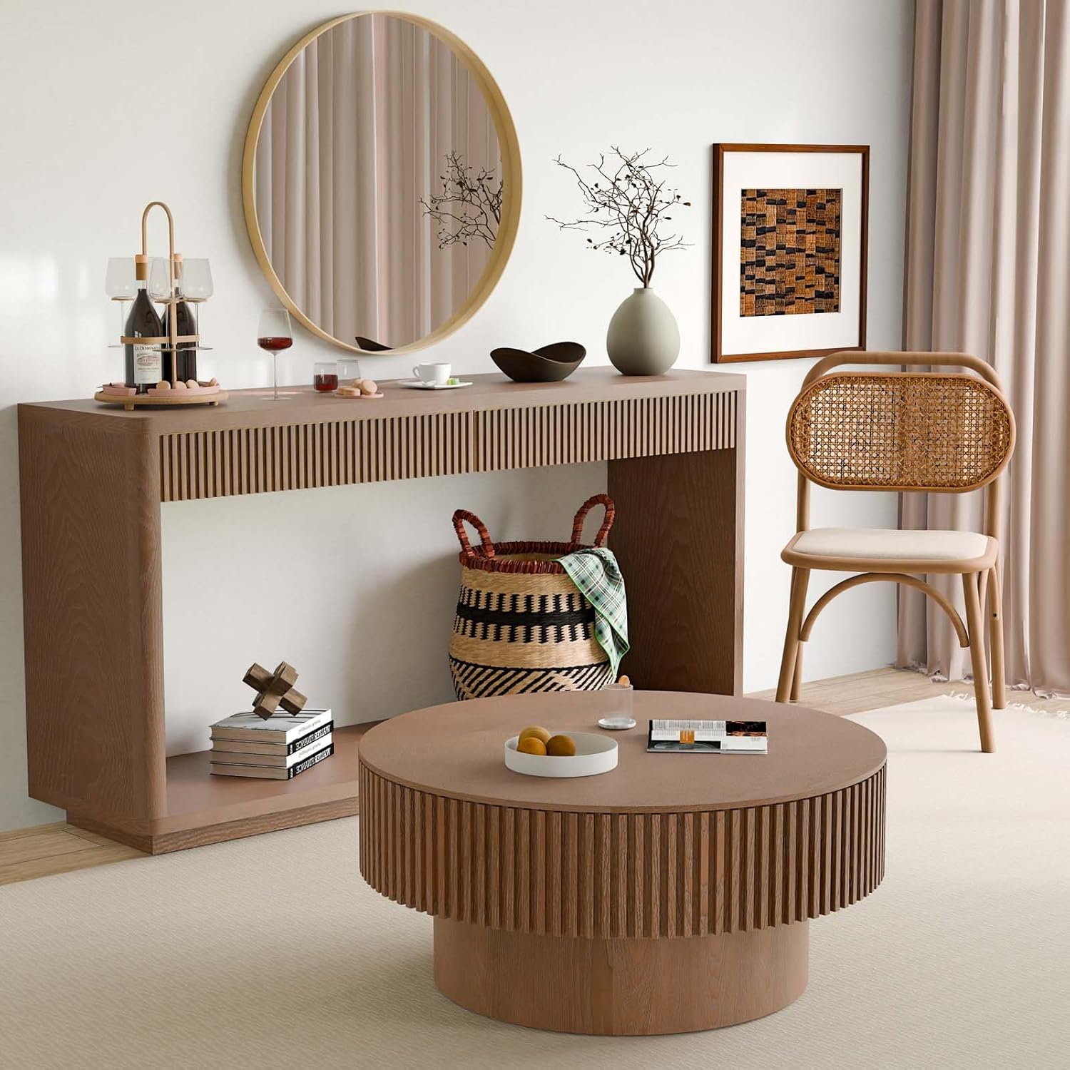 Round Coffee Table with Storage, Modern Wooden Coffee Table with Solid Wood Veneered, Circle Center Table Accent Tea Table for Living Room Apartment Small Space (31.5''L × 31.5''W × 14''H, Walnut) - Image 8