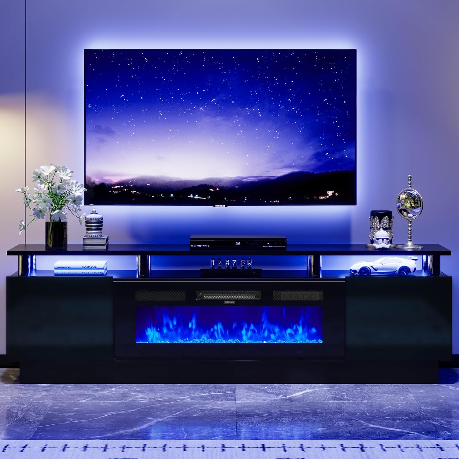 70" TV Stand for Living Room, Modern Entertainment Center & Media Console, Fits TVs up to 80", Storage Cabinet with Shelves, 36" Electric Fireplace with LED Flame (All Black) - Image 3