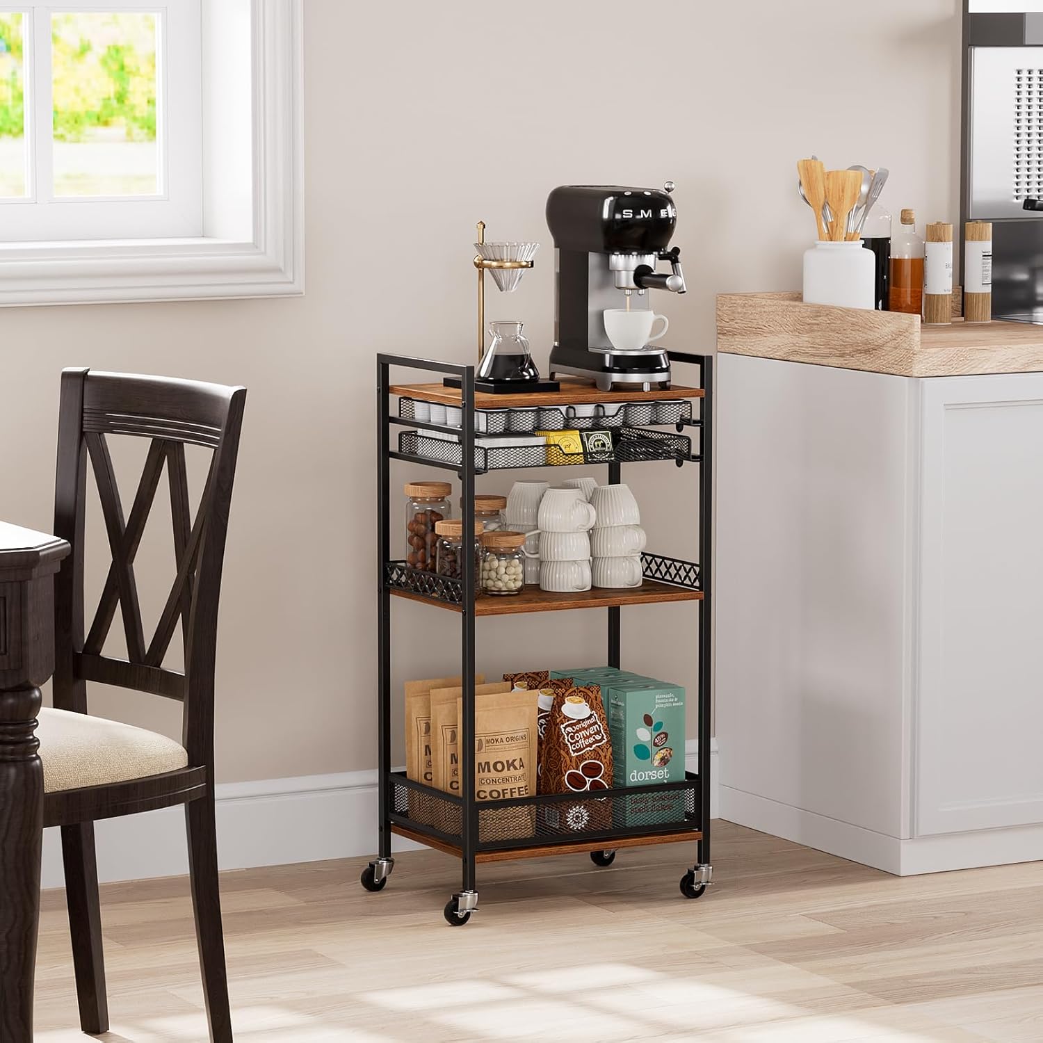 K Cup Holder Cart, Coffee Station Organizer for Nespresso Vertuo Capsule and K Cup Capsule, Multi-Functional Coffee Bar Cart Accessories Organizer with Wheels for Living Room, Kitchen - Image 7