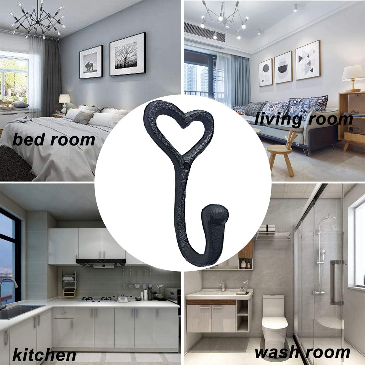 ZEYU Heavy Duty Coat Hooks, 4pcs Cast Iron Love Heart Shape Wall Hooks for Hanging Coats, Black No Rust Hooks for Scarf, Bag, Towel, Key, Cap, Cup, Hat - Image 7