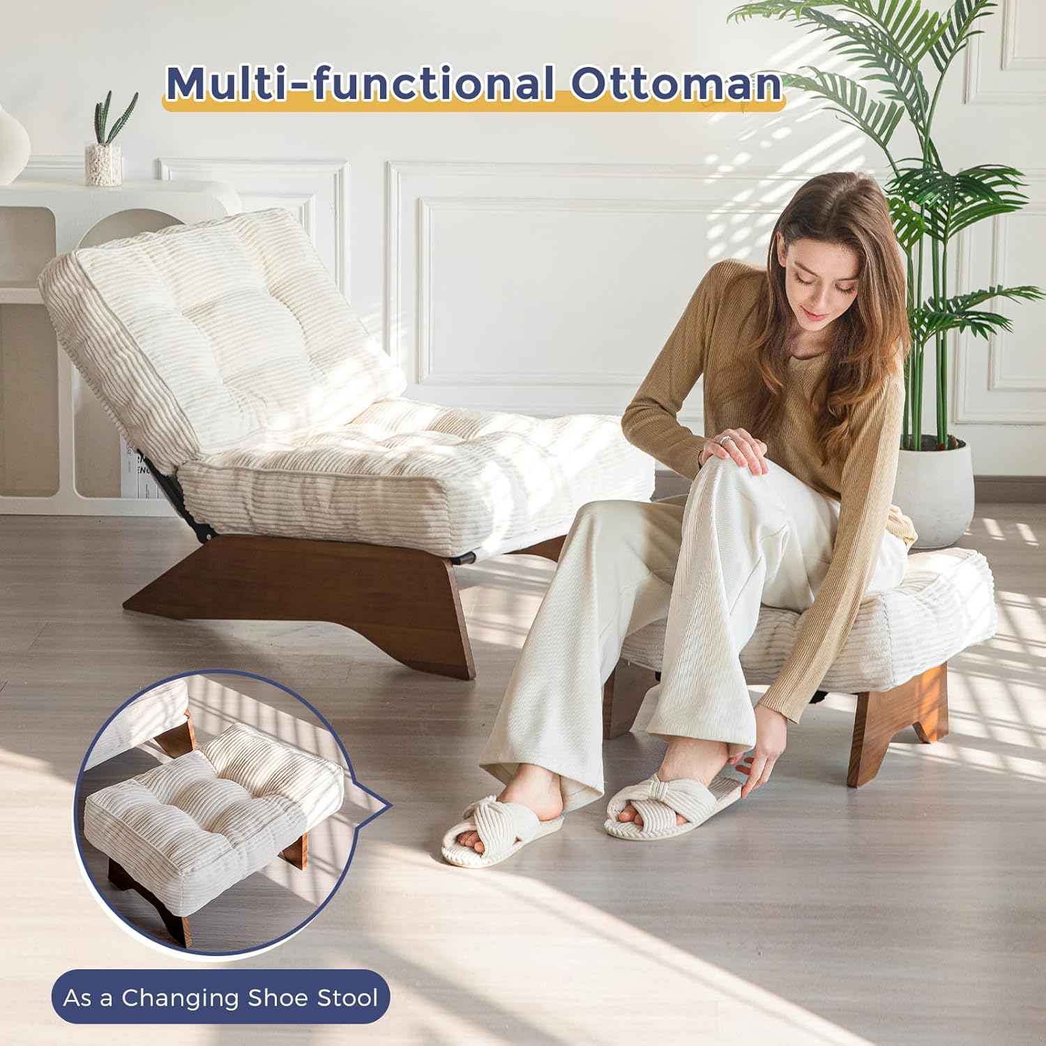 MAXYOYO Accent Chair with Ottoman Adjustable Backrest, Tufted Living Room Chair Upholstered Lounge Chair with Footrest Set, Modern Chair Cozy Reclining Chair for Reading Room, Beige - Image 7