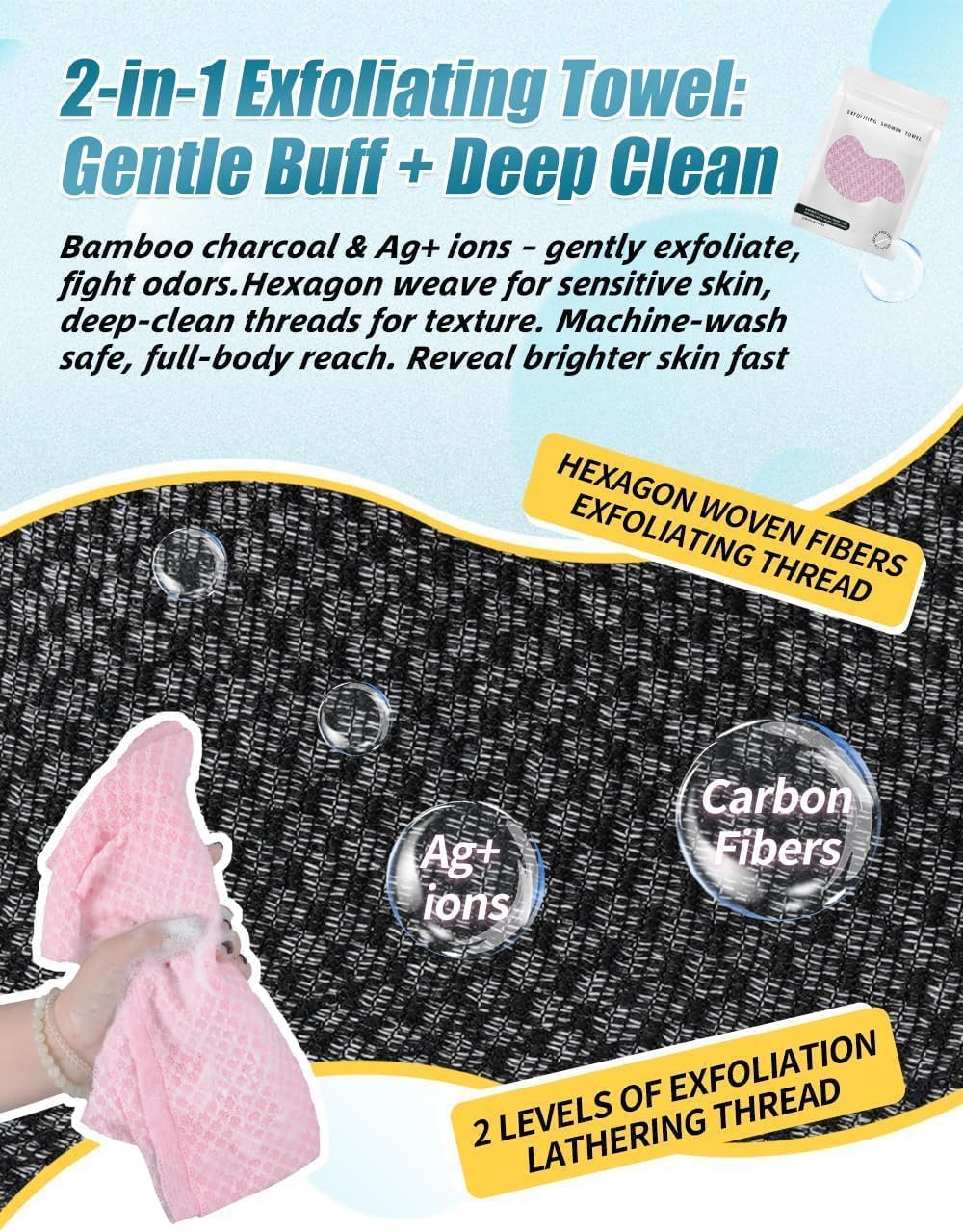 BLISALI Exfoliating Shower Towel 48",Premium Scrub Wash Cloth for Body Face, Exfoliating Washcloth for Men and Woman (Black1) - Image 5
