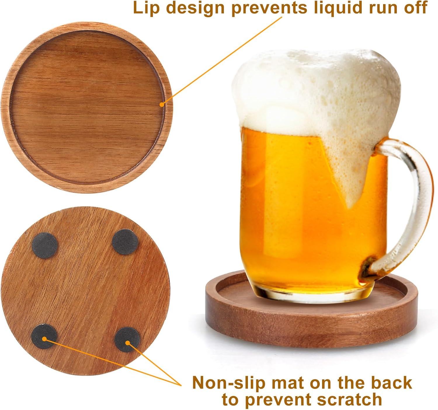 6 Pcs Best Wooden Coasters with Holder Coffee Table Decor Acacia Wood Coaster Set Modern Cup Coaster for Drink Home Dining Table Kitchen Accessories Cute Beer Bar Decorative Rustic Outdoor Coasters - Image 4