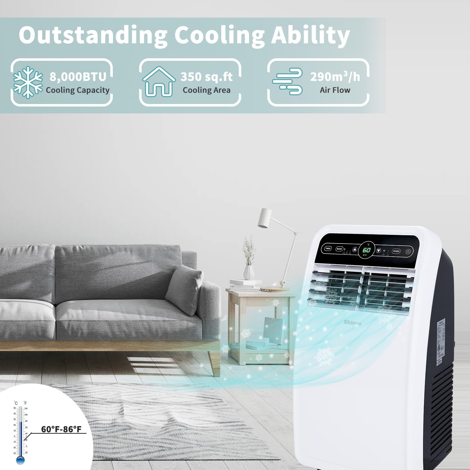 Shinco 8,000 BTU Portable Air Conditioner, AC Unit with Built-in Cool, Dehumidifier & Fan Modes for Room up to 350 sq.ft, Conditioner Remote Control, 24 Hour Timer, Installation Kit - Image 2