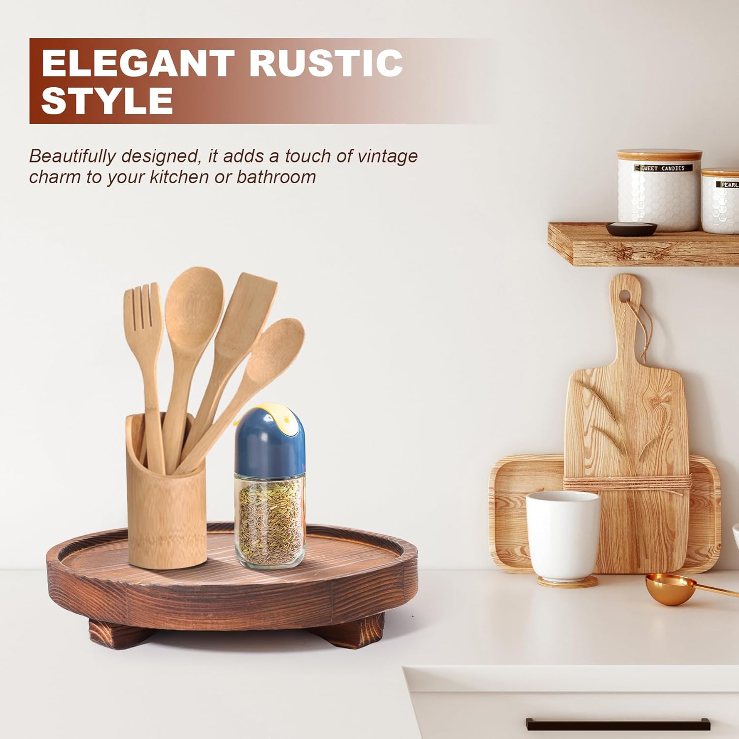 Round Wooden Decorative Tray - Rustic Wood Soap Tray for Kitchen and Bathroom Counter Organizer, Farmhouse Kitchen Decor Wooden Riser for Soap Dish, Perfume, Candle, Potted - Image 7