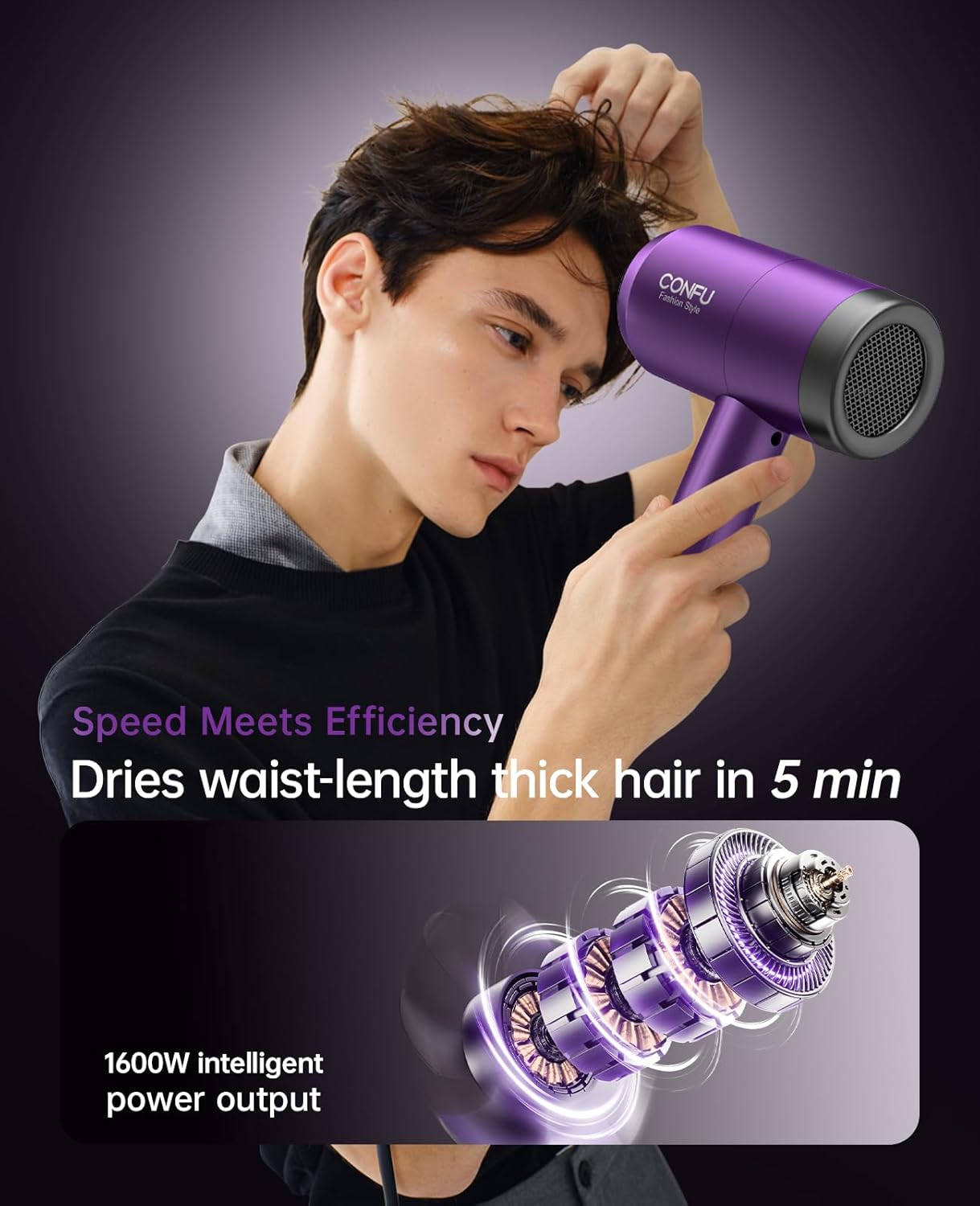 Hair Dryer with Diffuser, CONFU Ionic Blow Dryer 1600W, Portable Lightweight Fast Drying Negative Ion Hairdryer, 3 Heat Settings with Diffuser and Concentrator Nozzle for Home & Travel - Image 2