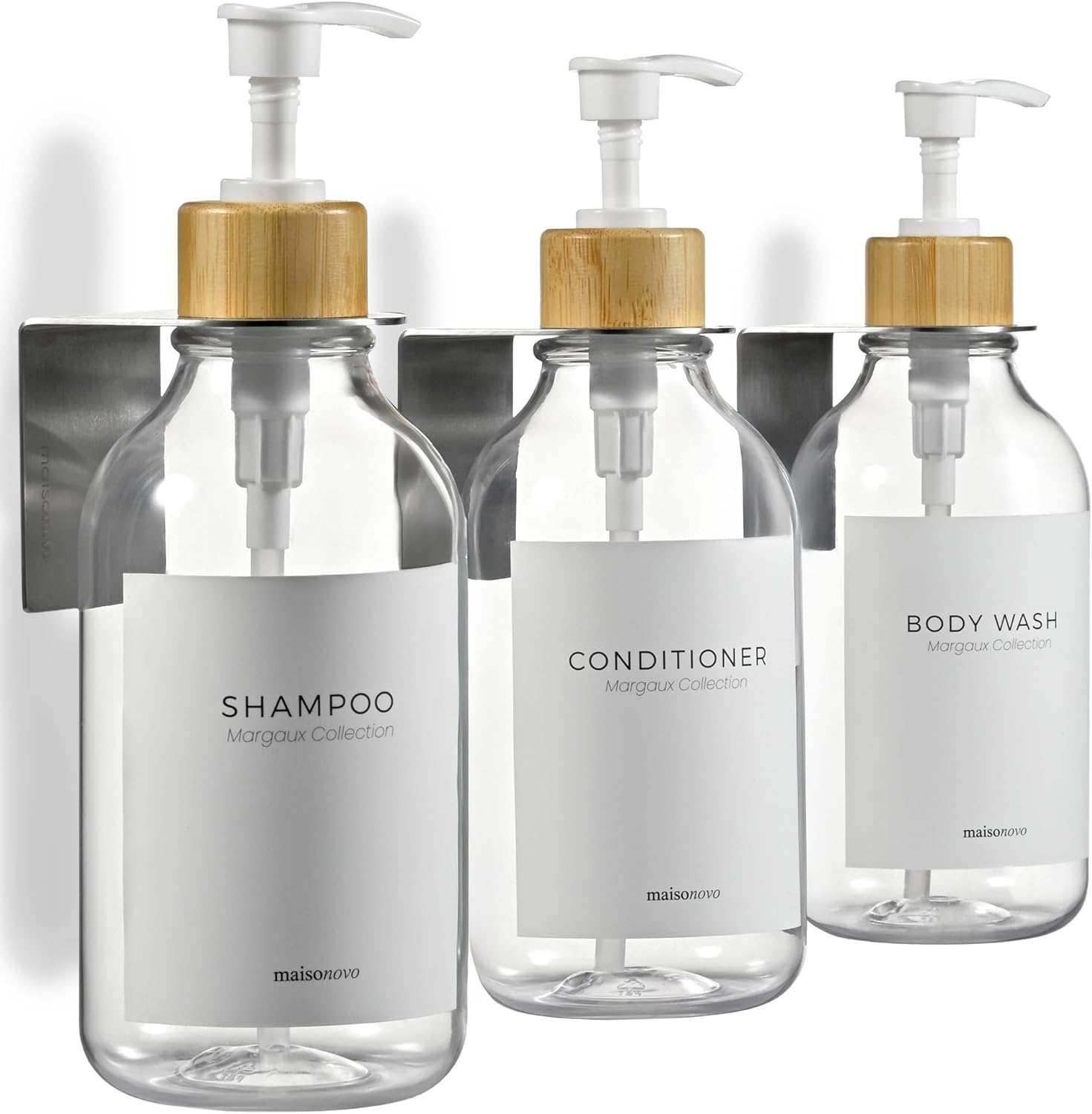 MaisoNovo Shampoo and Conditioner Dispenser - Shower Soap Dispenser Wall Mounted - 16.9 fl oz Set of 3 Clear Plastic Bottles White Bamboo Pump - Shampoo Dispenser, Shower Dispenser 3 Chamber No Drill