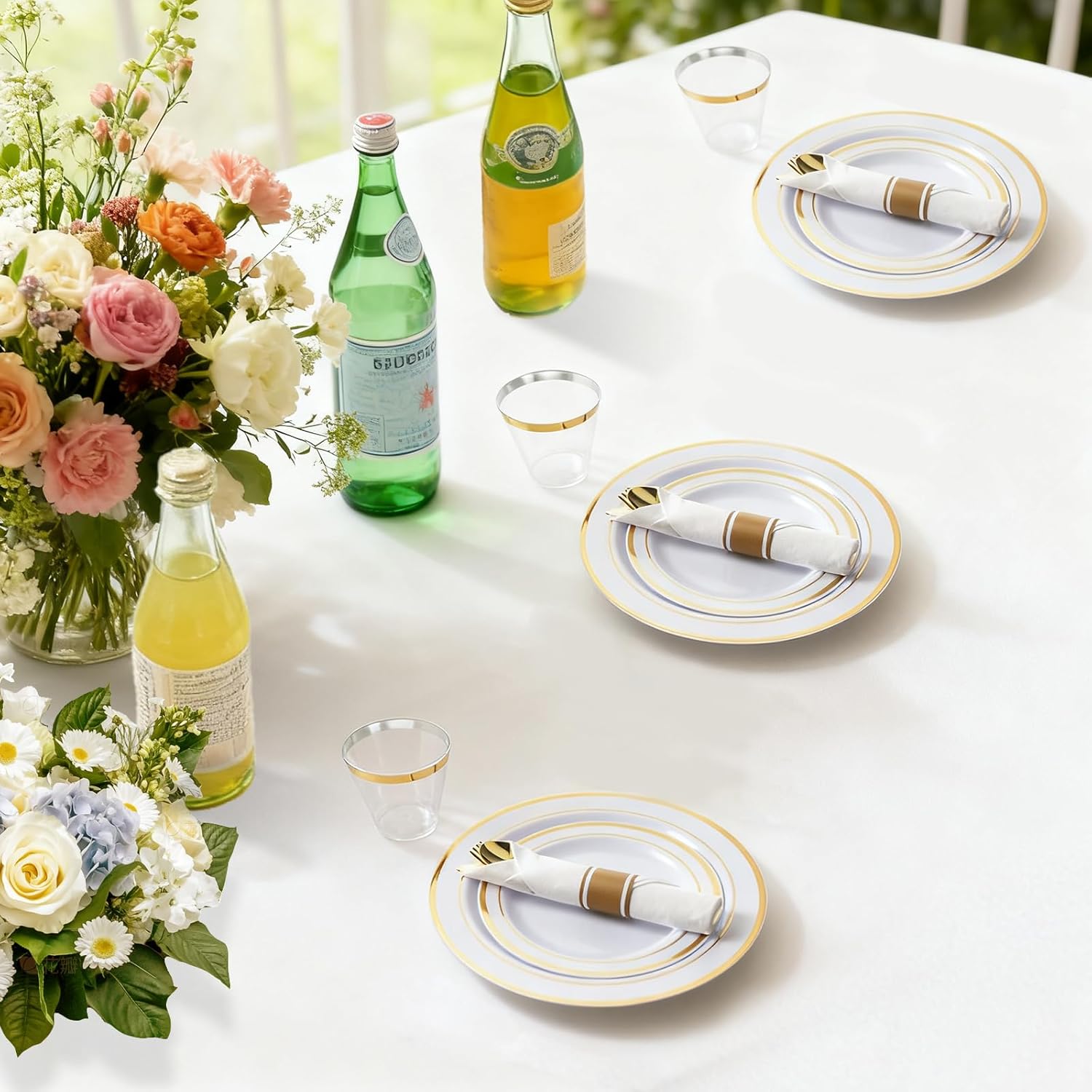 M MCIRCO 175 Piece Gold Dinnerware Set - 50 Plastic Plates, 25 Cups, 25 Pre Rolled Napkins with Plastic Silverware, Disposable Gold Dinnerware Set for 25 Guest - Image 6