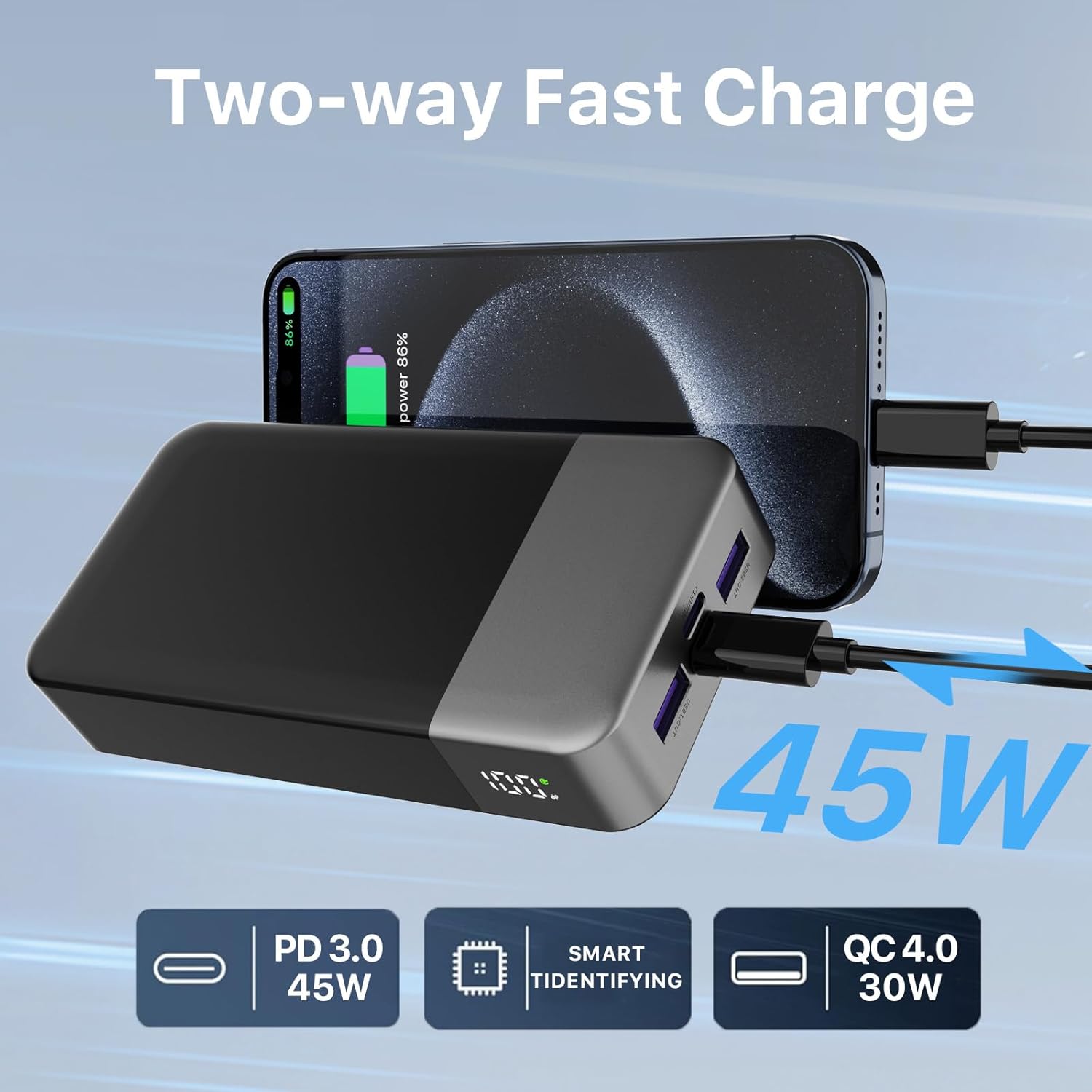 NOBIS Portable Charger, 20000mAh Power Bank, 45W Power Bank Fast Charging, Battery Pack with C to C Cable, Battery Bank with Digital Display for iPhone Android Laptop etc(Black) - Image 5
