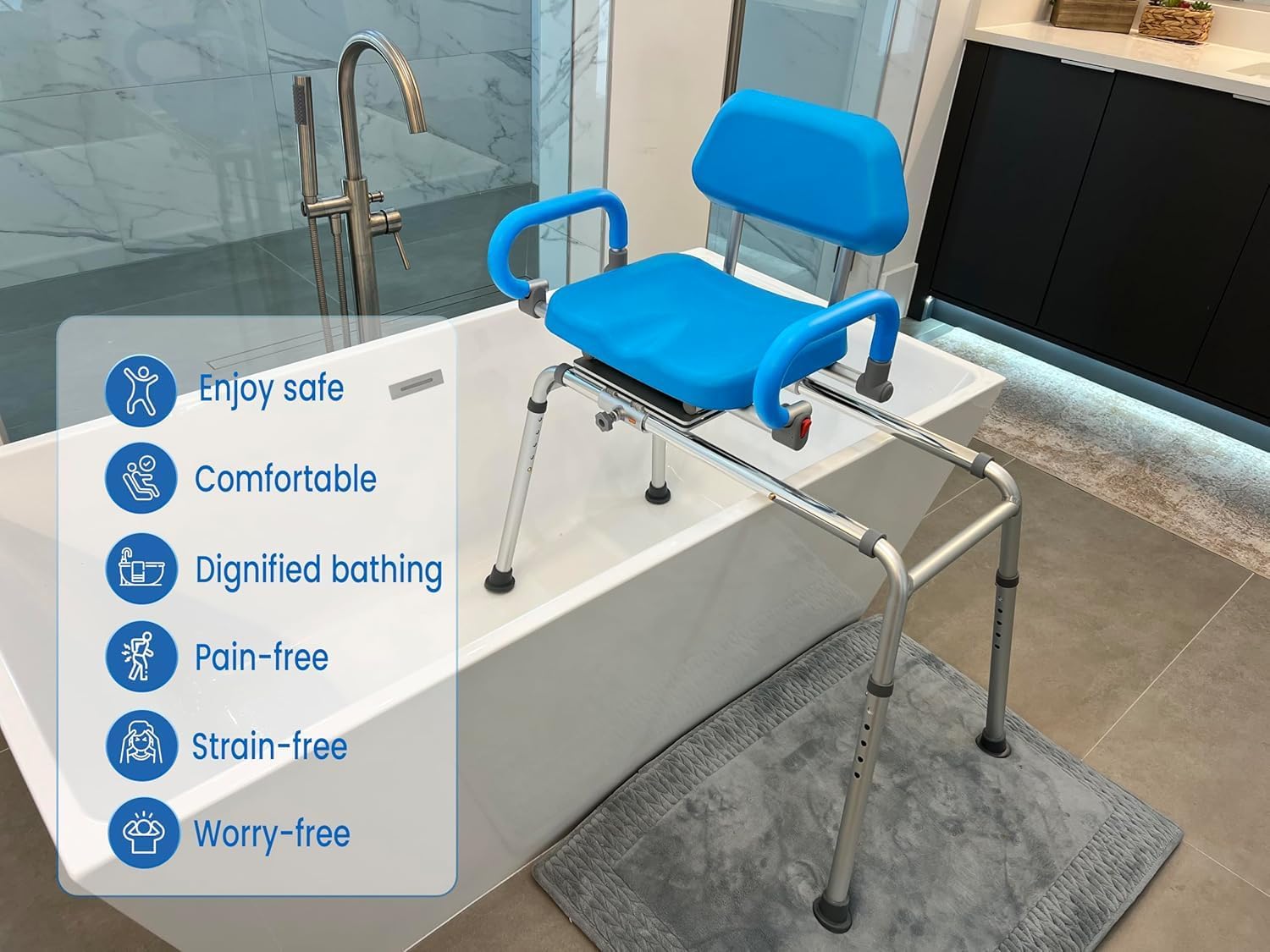 Platinum Health Carousel Sliding Shower Chair Tub Transfer Bench with Swivel Seat, Premium Padded, Pivoting Arms, Adjustable Space Saving Design for Tubs, Inside Shower, for Handicap & Seniors, Blue - Image 4