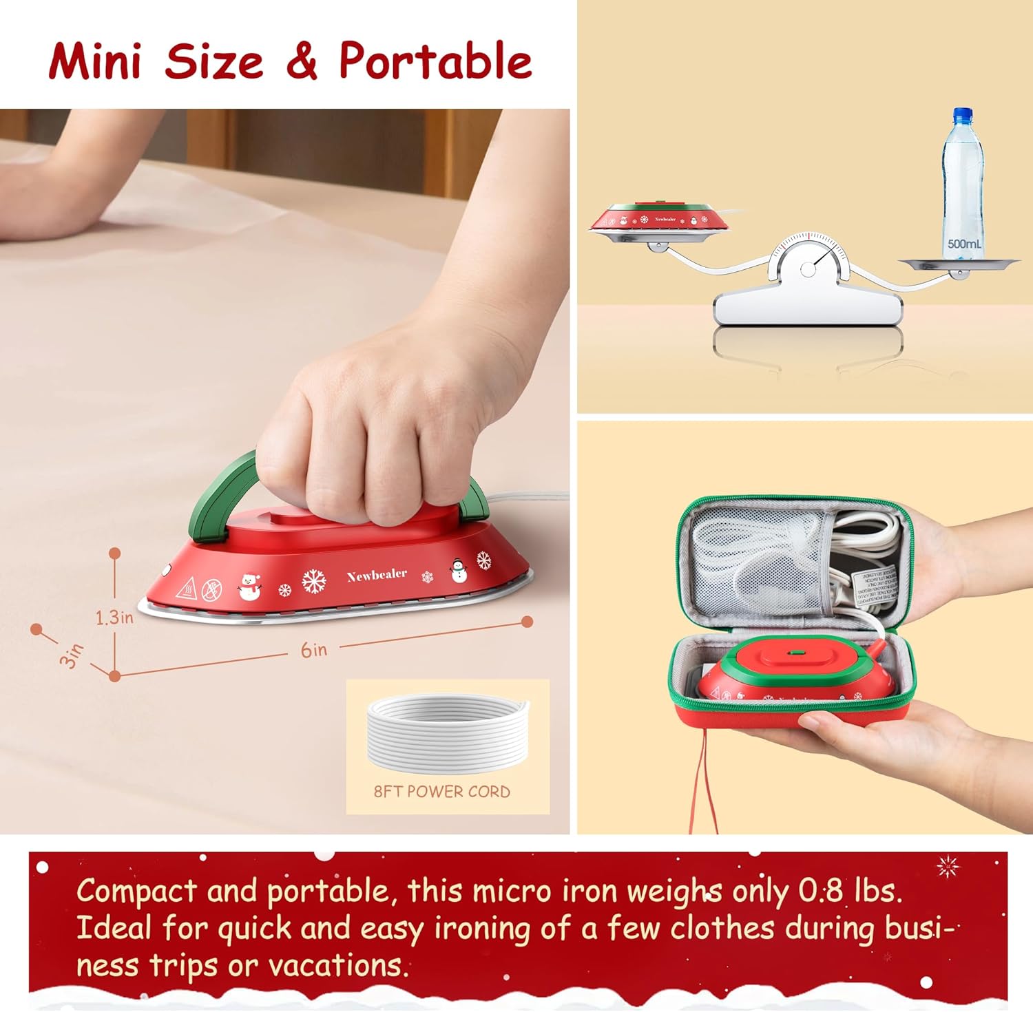 Newbealer Travel Iron, Global Voltage 100-240V, 302℉ Mini Dry Iron for Clothes (No Steam), Max 300W, 60s Heat Up, 0.8lb Lightweight Gift (Classic Red with Hard Case) - Image 5