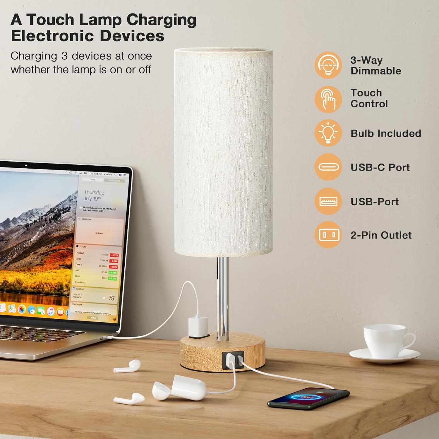 Fenmzee Bedside Table Lamp for Bedroom - 3 Way Dimmable Touch Lamp USB C Charging Ports and AC Outlet, Small Lamp Wood Base Round Flaxen Fabric Shade for Living Room, Desk, LED Bulb Included - Image 7