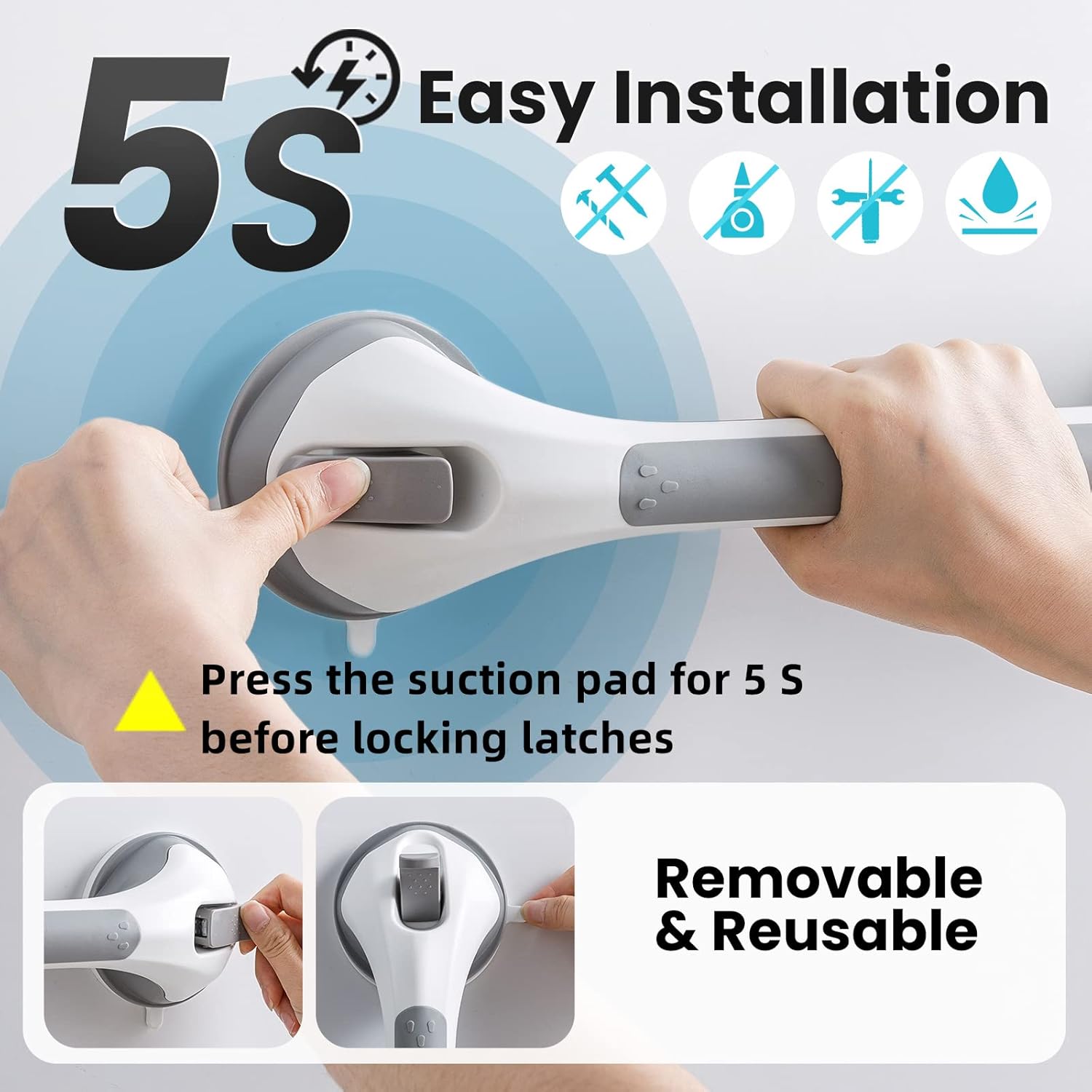 TAILI Grab Bars for Bathtubs and Showers 2 Pack Suction Grab Bar, Heavy Duty Shower Handle Removable Bath Handrails for Seniors and Elderly, Bathroom Safety Grip No Drilling Waterproof,Grey - Image 4