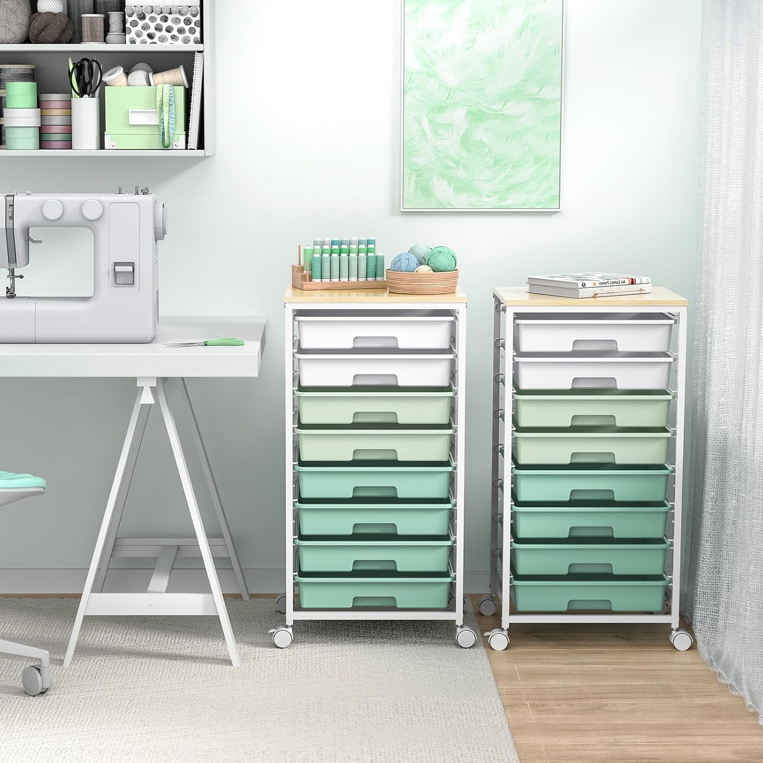 Rolling Storage Utility Cart Organizers with 8 Drawers and Wooden Tabletop for Living Room,Office,Classroom,Craft Room,Bedroom,Dorm,Green - Image 8