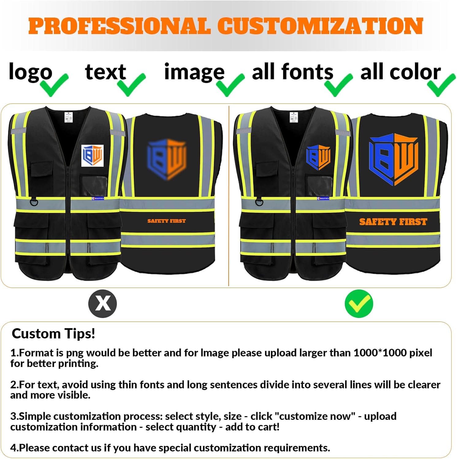 BeautyWill Custom Safety Vest Logo Class 2 High Visibility Reflevtive Vest Outdoor Protective Workwear - Image 2