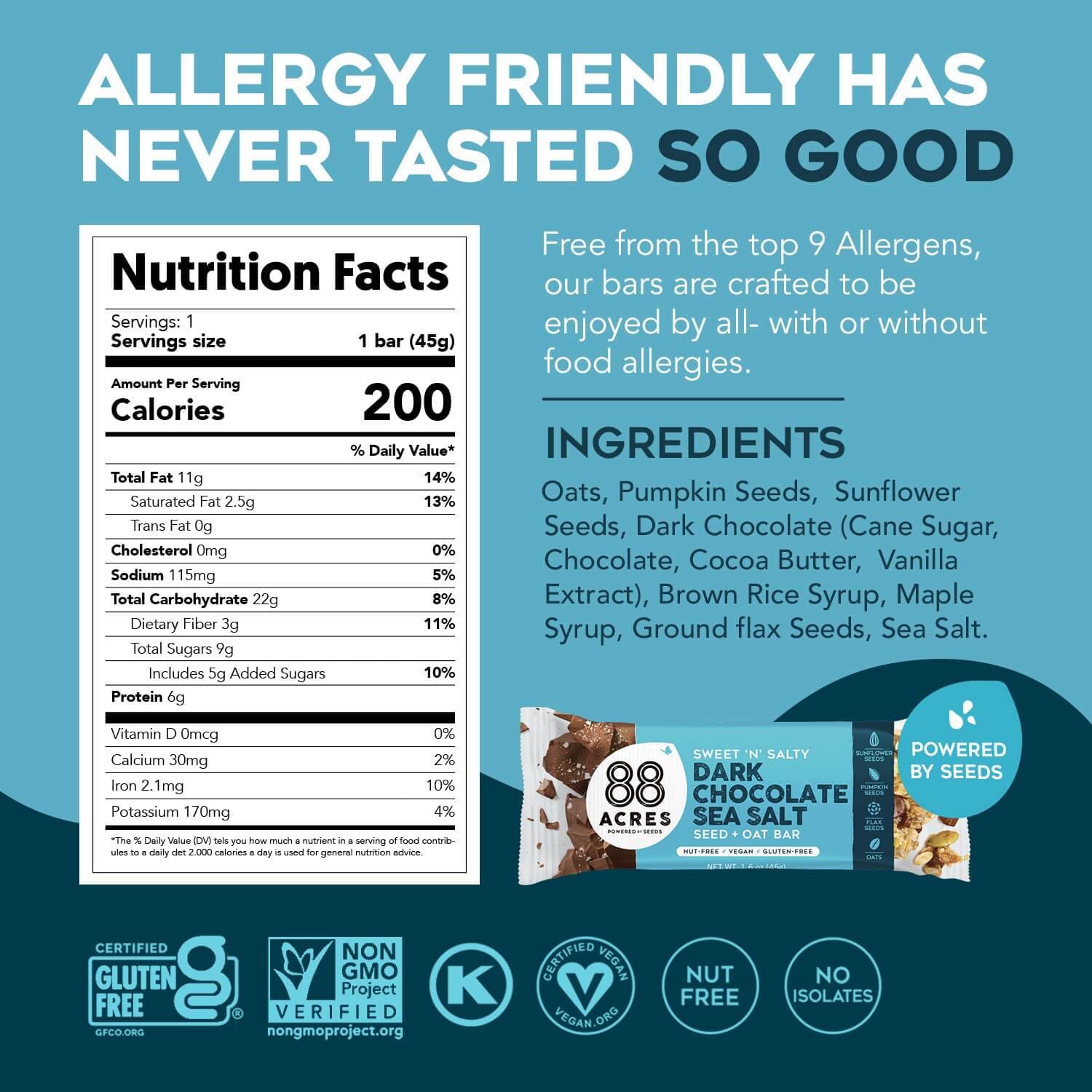 88 Acres Granola Bars, Dark Chocolate Sea Salt, 12 Count, School Safe, Allergen Free Seed & Oat Snack Bar, Gluten & Nut Free, Vegan, Non-GMO & Kosher, Individually Wrapped - Image 2