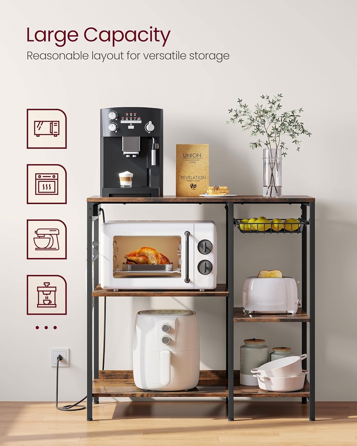 VASAGLE Baker's Rack, Coffee Bar Stand with Charging Station, 35.6 Inches Tall, Storage Shelves, Pull-Out Wire Basket, Table for Microwave, Kitchen, Rustic Brown and Ink Black UKKS036K01 - Image 5