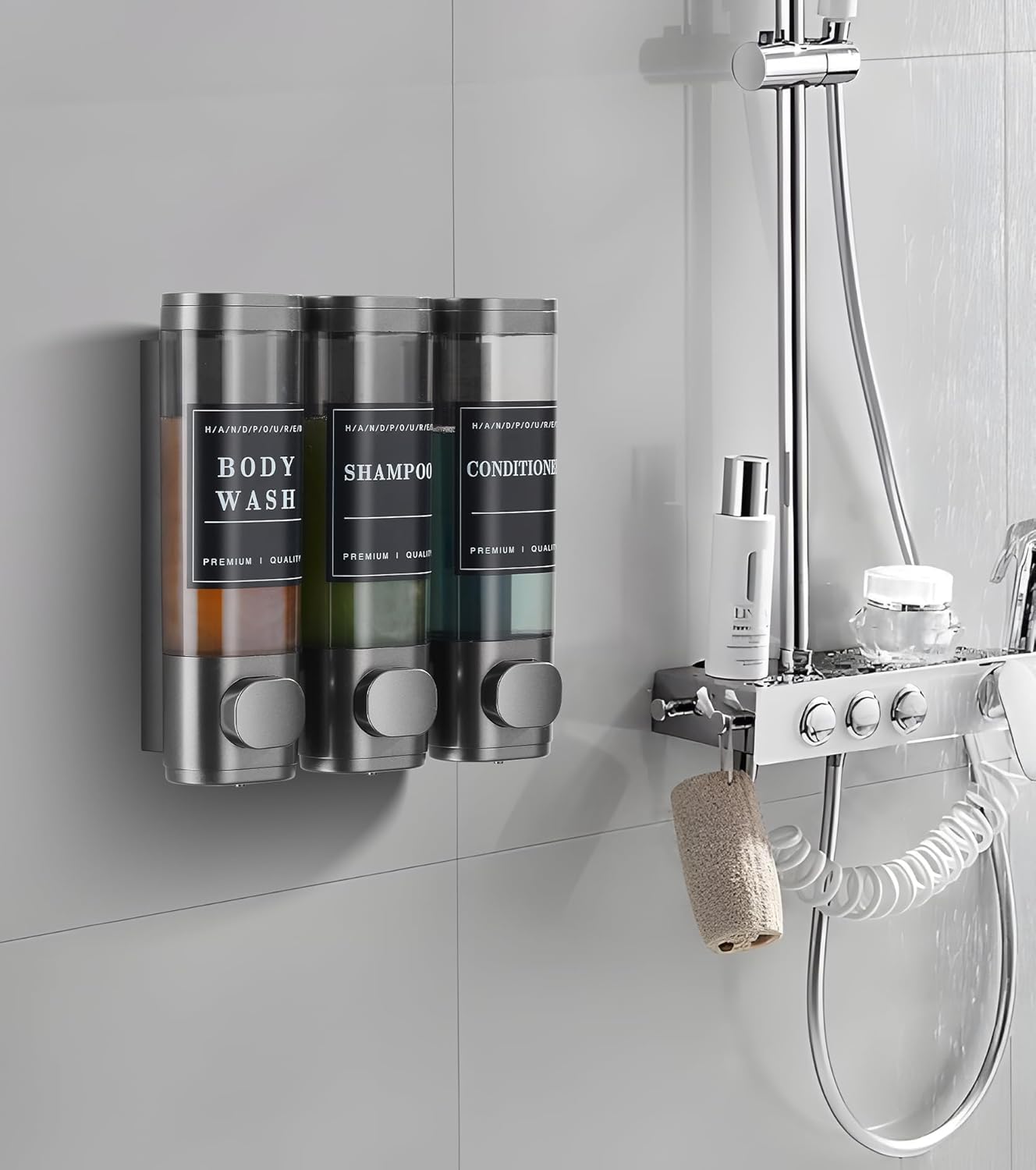 Shower Soap Dispenser Wall Mounted No Drill Shampoo Dispenser for Shower Wall Shampoo and Conditioner Dispenser Bathroom Hotel 3 * 300ml Gungray with Labels - Image 7