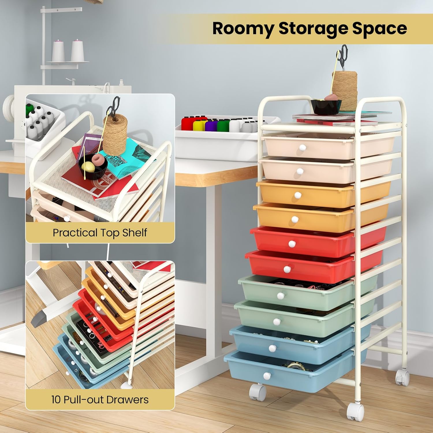 COSTWAY 10-Drawer Rolling Storage Cart, Utility Mobile Trolley with Removable Drawers & Universal Casters & 2 Brakes, Versatile Flexible Drawer Organizer Cart for Home, Office, Macaron - Image 4
