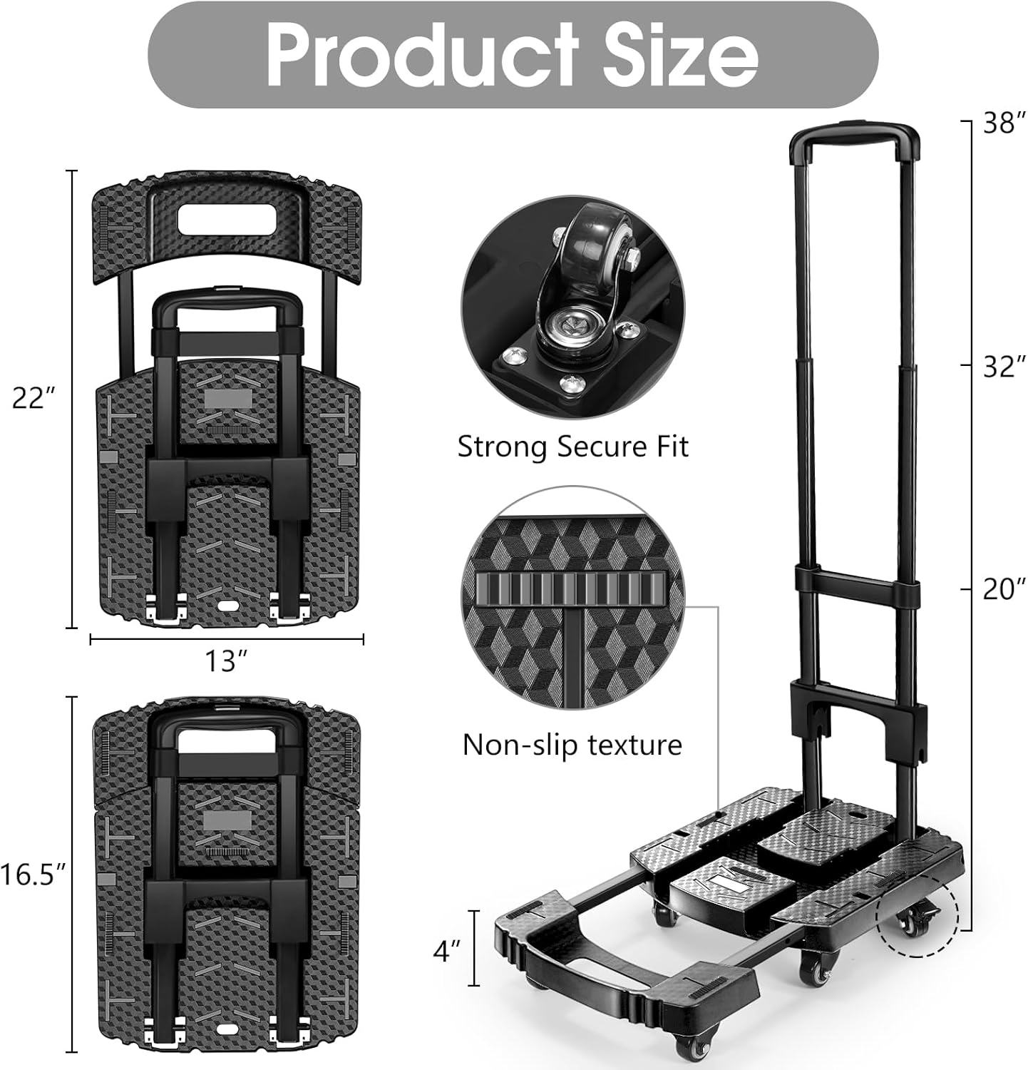 Folding Hand Truck 500lbs, Portable Heavy Duty Dolly Cart, 6 Wheels Collapsible Luggage Cart with 2 Elastic Ropes - Compact Trolley Cart for Easy Moving - Ideal Hand Cart for Travel and More - Image 3
