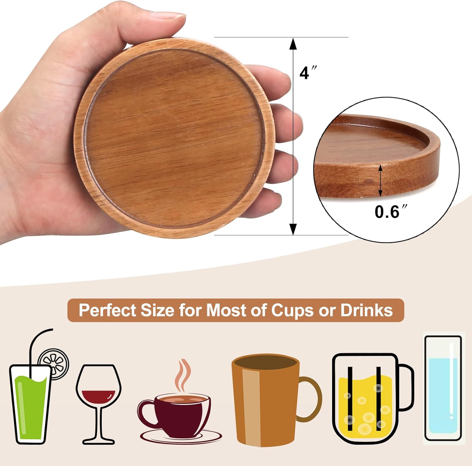 6 Pcs Best Wooden Coasters with Holder Coffee Table Decor Acacia Wood Coaster Set Modern Cup Coaster for Drink Home Dining Table Kitchen Accessories Cute Beer Bar Decorative Rustic Outdoor Coasters - Image 7