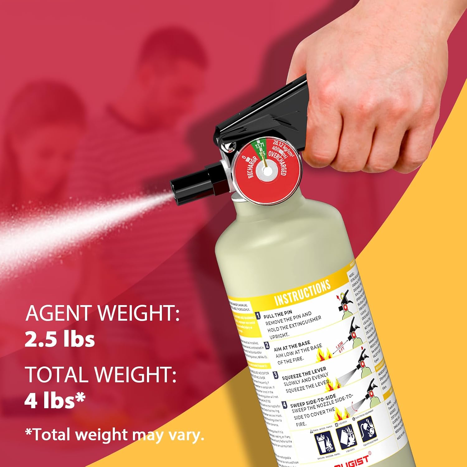 Ougist ABC Dry Powder Fire Extinguisher, 2.5lb – 1-A:10-B:C Rated for Home, Office & Vehicle, Quick Release, Easy-Grip Handle, Ideal for Electrical & Grease Fires, Car Extinguisher, Model FF1KG - Image 2