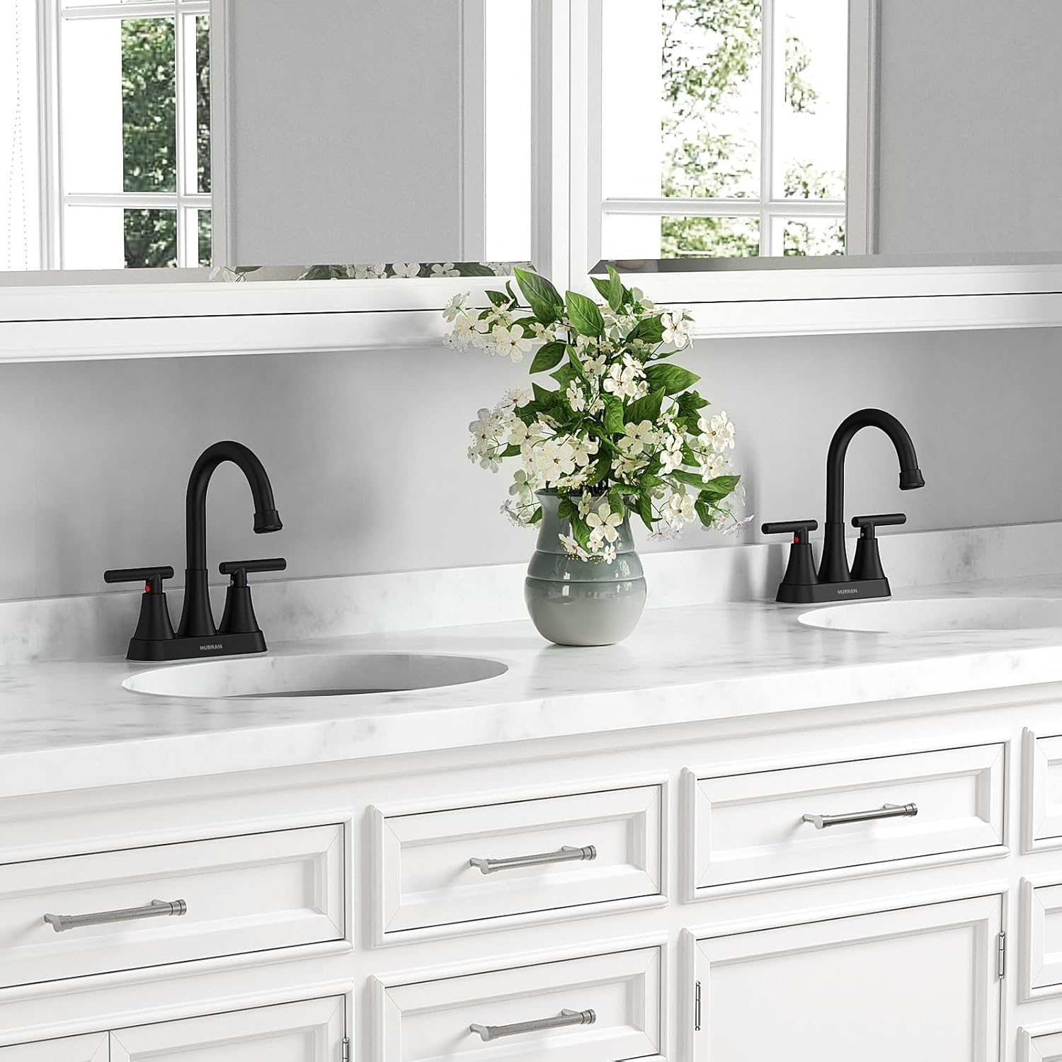 Bathroom Faucets for Sink 3 Hole, Hurran 4 inch Matte Black with Pop-up Drain and 2 Supply Hoses, Stainless Steel Lead-Free 2-Handle Centerset Faucet for Sink Vanity - Image 7