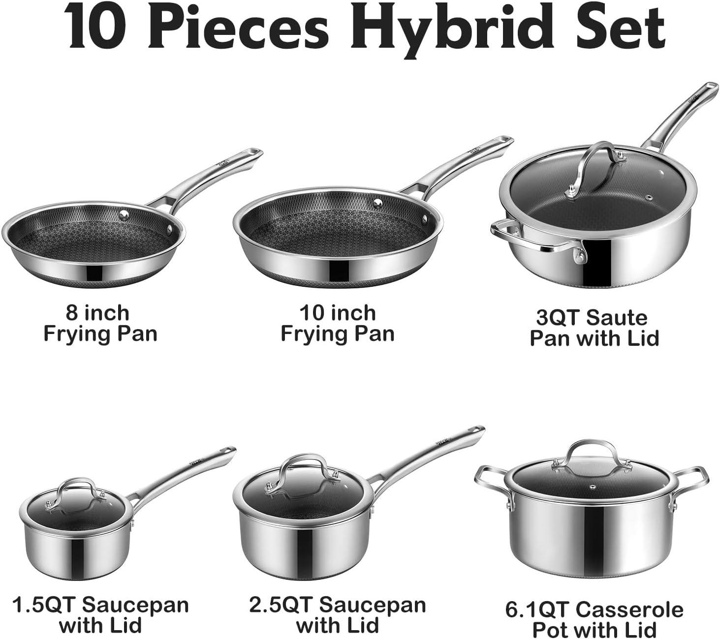 Pots and Pans Set Non Stick, 10 Pcs Hybrid Stainless Steel Cookware Sets, Non Stick Frying Pans, Saucepans, Saute Pan & Stock Pot, PFOA Free Kitchen Skillet,Induction Compatible - Image 4