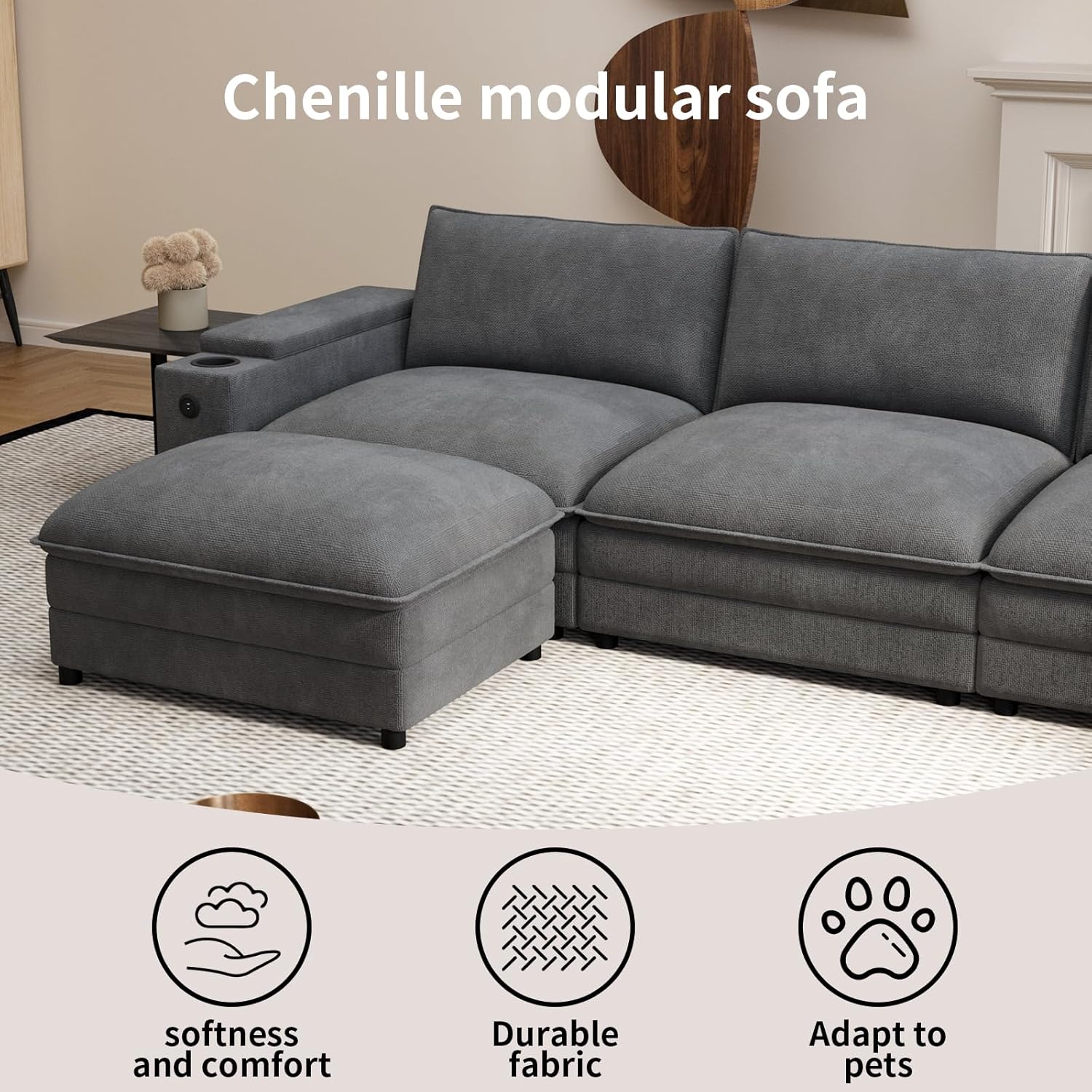 81.5" Loveseat Cloud Sofa Couch with Storage Armrest, Cup Holders, USB & Type-C Ports, Spring Cushions, Solid Wood Frame, Chenille Modular Sectional for Living Room - Image 4