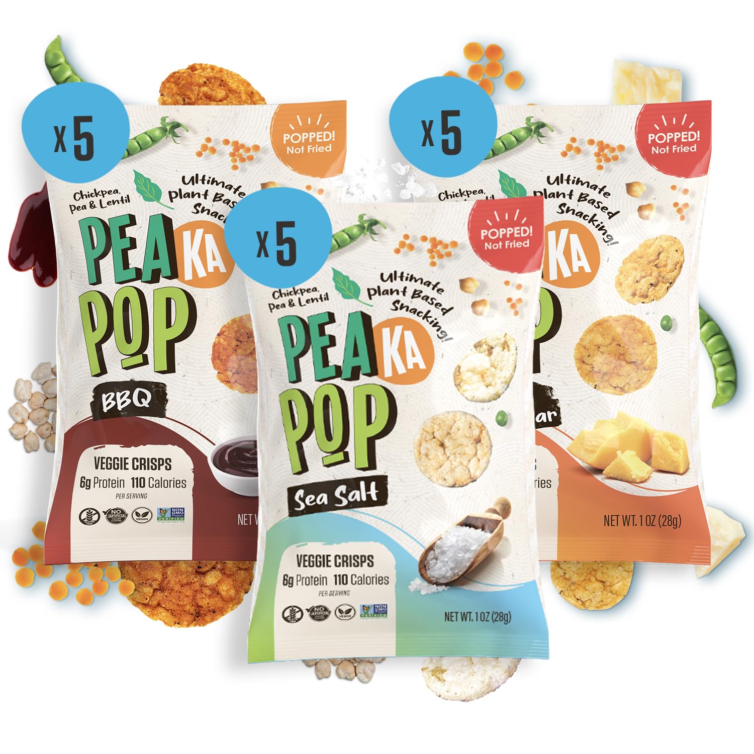 PeaKaPop Veggie Chips – Plant-Based, Healthy Veggie Crisps with Pea, Lentil & Chickpea Protein – Vegan, Gluten-Free, Popped Chips – Snack Size for Kids & Adults – 1 oz Bags (15-Pack) – Variety Pack - Image 3
