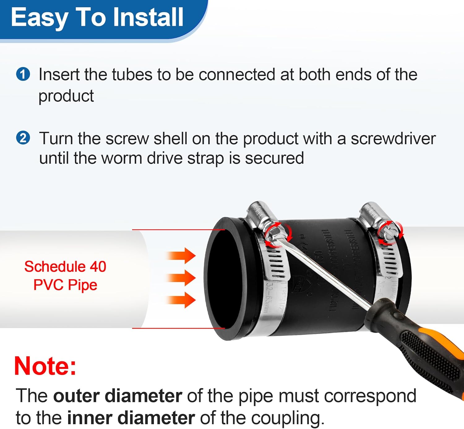 Flexible PVC Pipe Coupling Connector Replacement, for 1-1/2" Nominal Pipes, 1.9" ID Flexible PVC Condensate Pipe Coupling with Stainless Steel Hose Clamps, Schedule 40 Pipes Connector - Image 6
