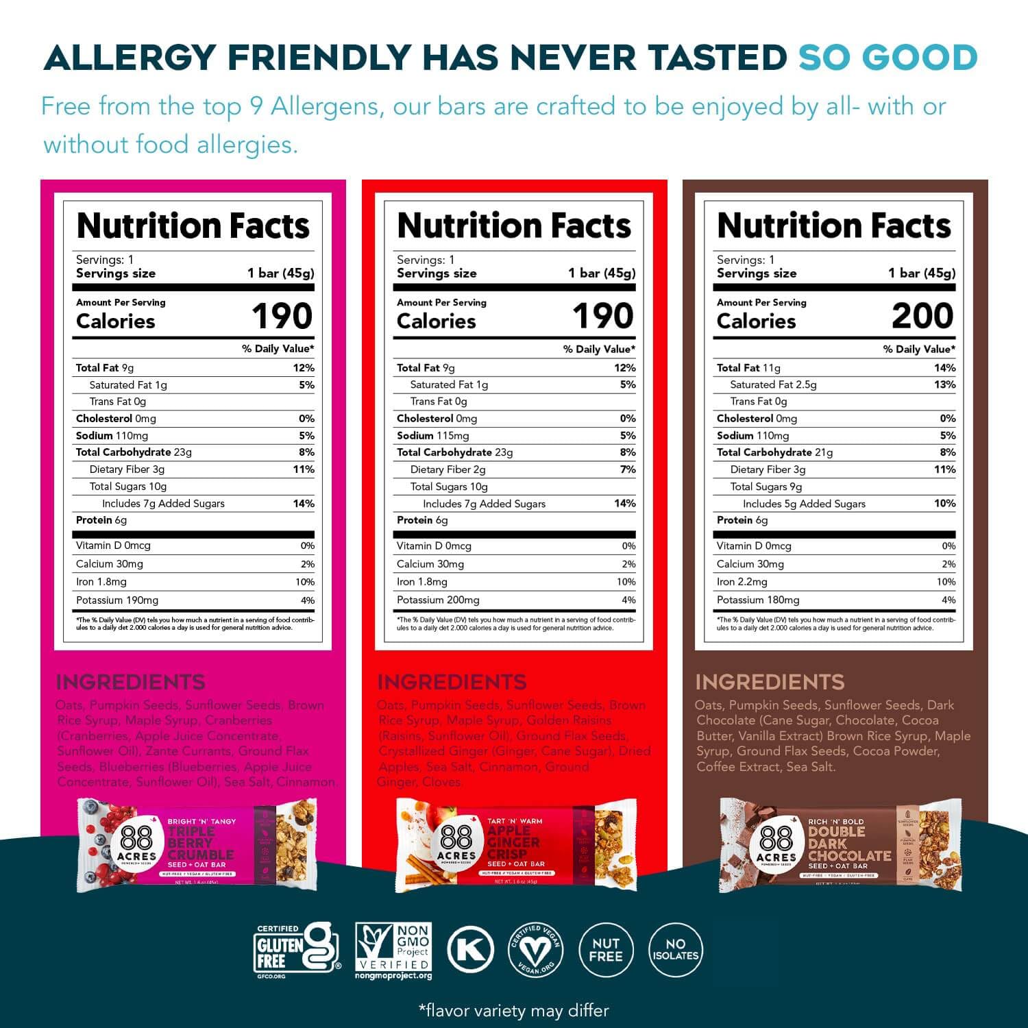88 Acres Granola Bars Variety Pack, 12 Count, School Safe, Allergen Free Seed & Oat Snack Bar, Gluten & Nut Free, Vegan, Non-GMO & Kosher, Individually Wrapped - Image 3