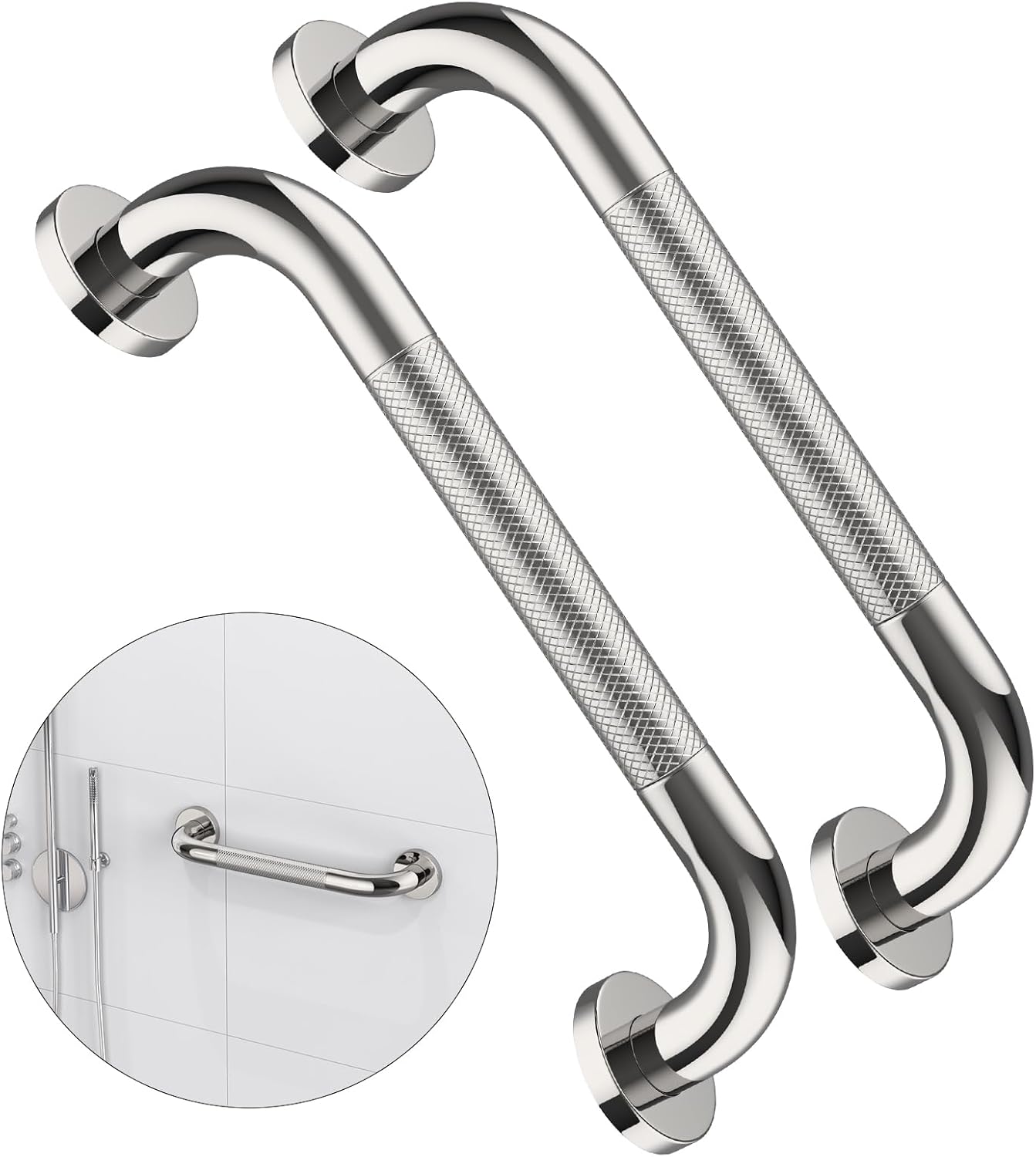 2 Pack 12 Inch Anti Slip Shower Grab Bar Handle, ZUEXT Chrome Stainless Steel Bathroom Grab Bar, Knurled Bathroom Balance Bar,Safety Hand Rail Support,Handicap Elderly Injury Senior Assist Bath Handle