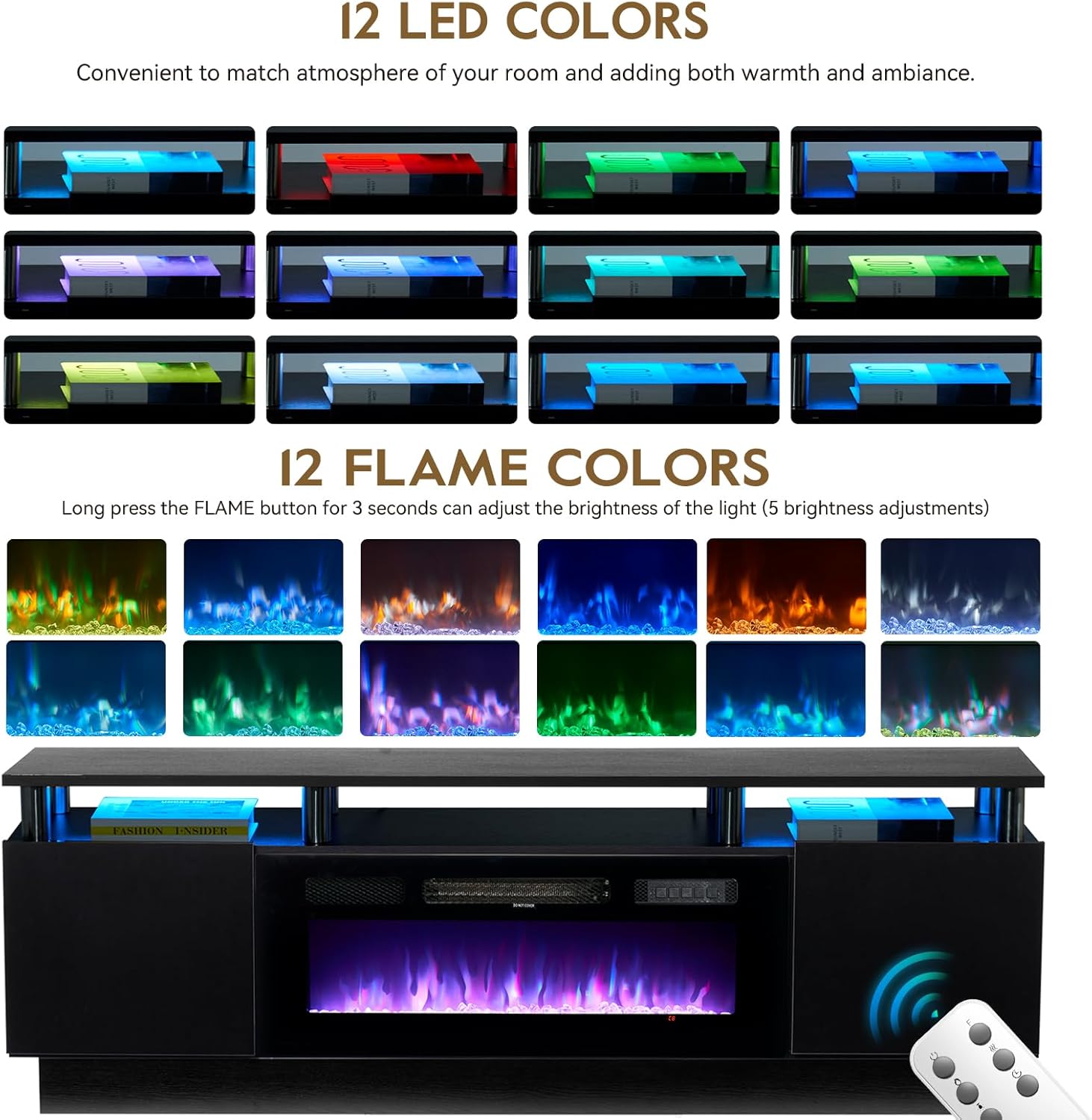 70" TV Stand for Living Room, Modern Entertainment Center & Media Console, Fits TVs up to 80", Storage Cabinet with Shelves, 36" Electric Fireplace with LED Flame (All Black) - Image 4