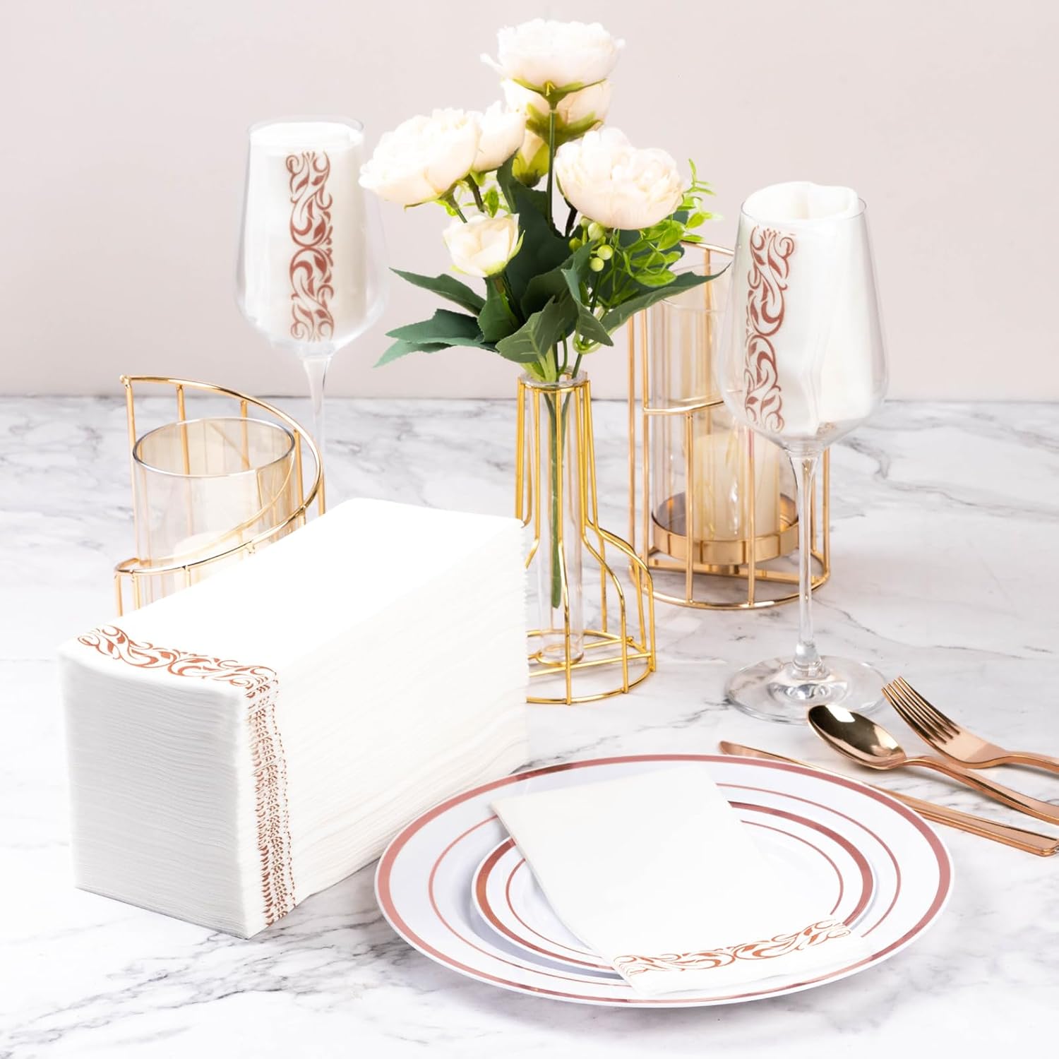 Goodluck 200-Pack Linen-Feel Disposable Guest Towels – Soft and Absorbent Paper Hand Towels for Bathroom or Kitchen – Elegant White Napkins with Rose Gold Design for Parties, Weddings, Dinners Events - Image 2