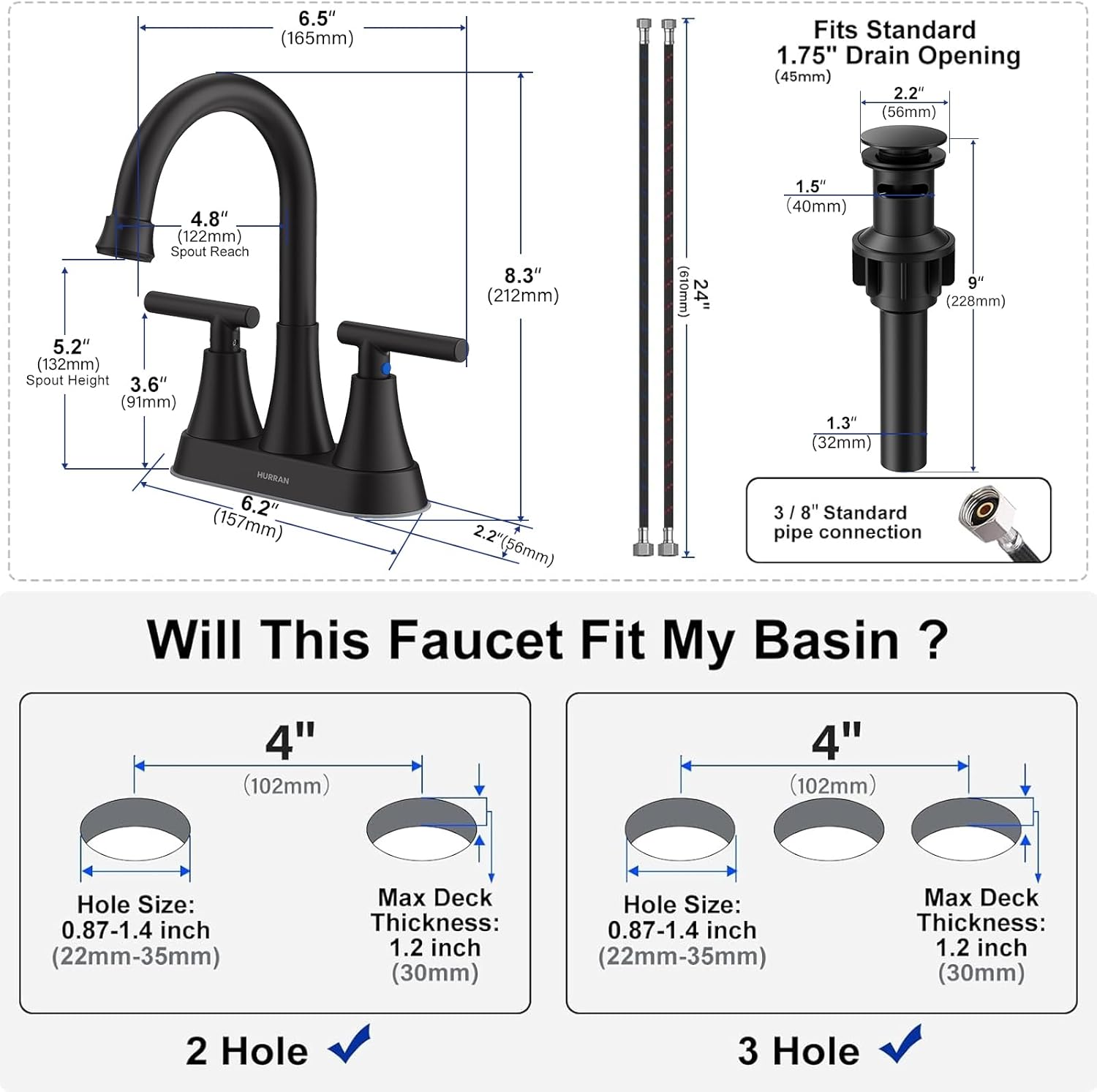Bathroom Faucets for Sink 3 Hole, Hurran 4 inch Matte Black with Pop-up Drain and 2 Supply Hoses, Stainless Steel Lead-Free 2-Handle Centerset Faucet for Sink Vanity - Image 5
