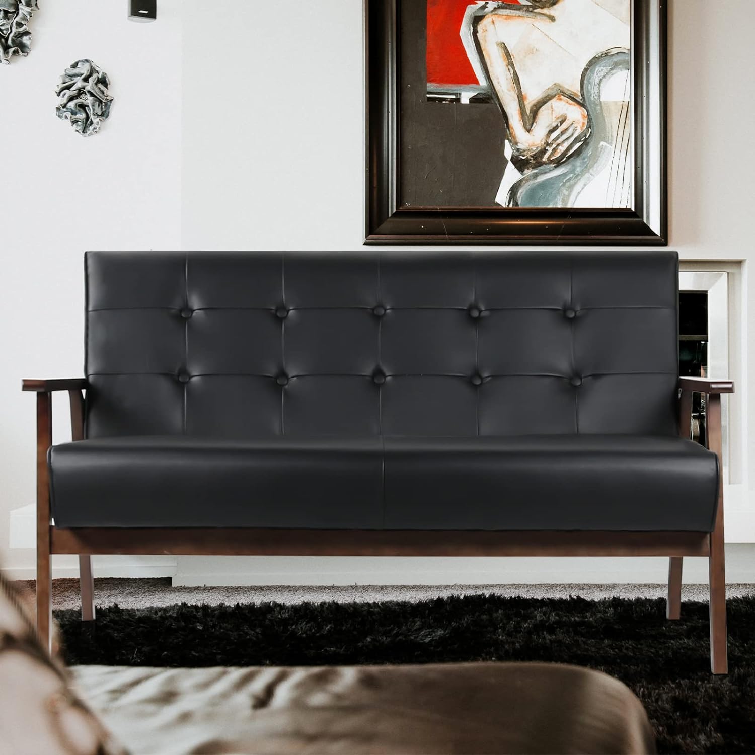 AODAILIHB Leather Sofa Couch Set 2 Accent Chairs & 1Loveseat Black Faux Leather Loveseats Mid Century Modern Office Couch for Small Space Waiting Room Living Room Furniture (3, Black) - Image 5