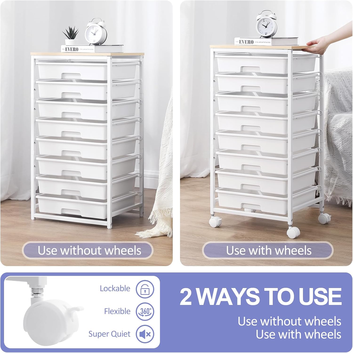 Rolling Storage Cart with Drawers,Utility Cart With 8 Drawers and Wooden Tabletop,Rolling Drawer Cart,Storage Drawer Cart for Living Room,Classroom,Bedroom,Bathroom,Dorm,Office,White - Image 4