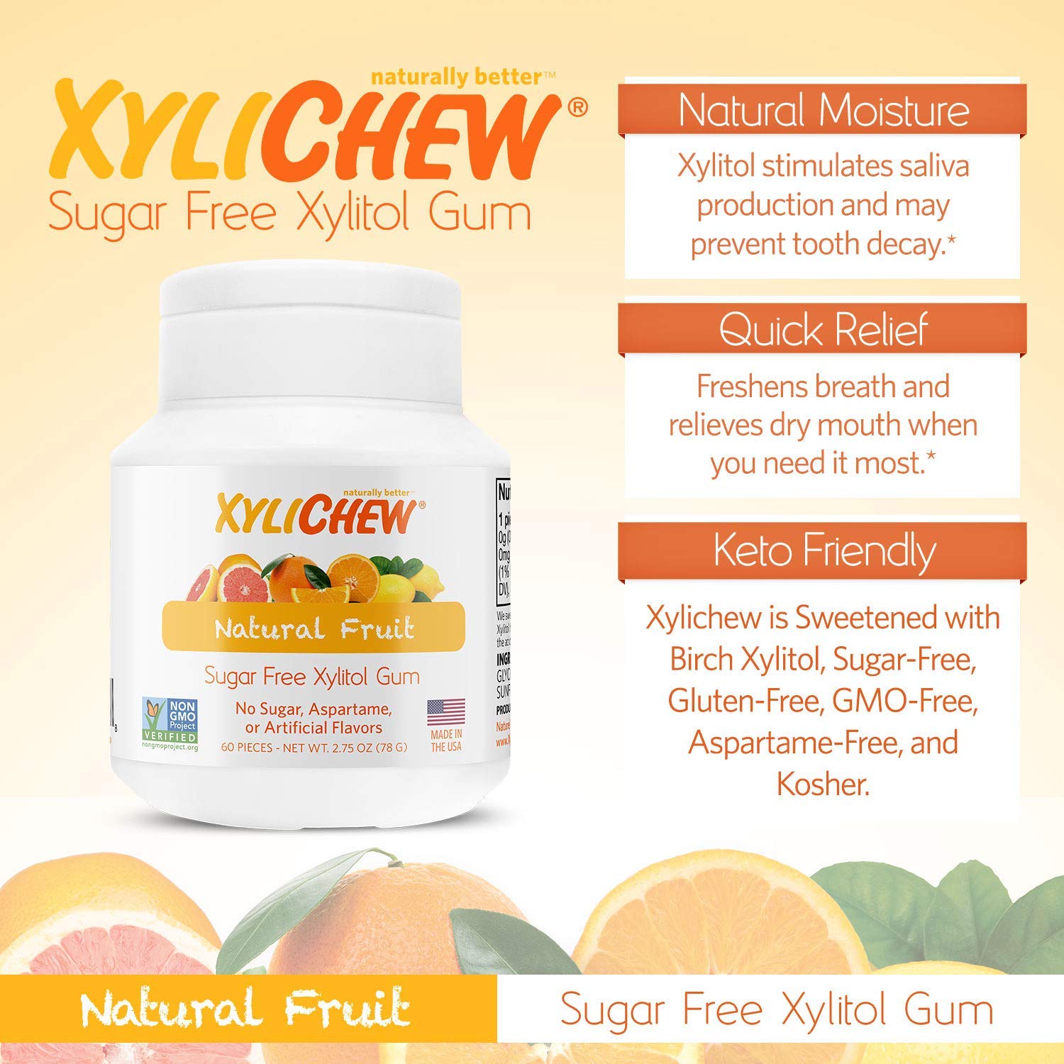 Xylichew Xylitol Gum - Chewing Gum Sugar Free, Aspartame Free, Gluten Free, Keto - Sugarless, Healthy, Natural Oral Care - Relieves Bad Breath and Dry Mouth - Fruit, 60 Count - Image 3