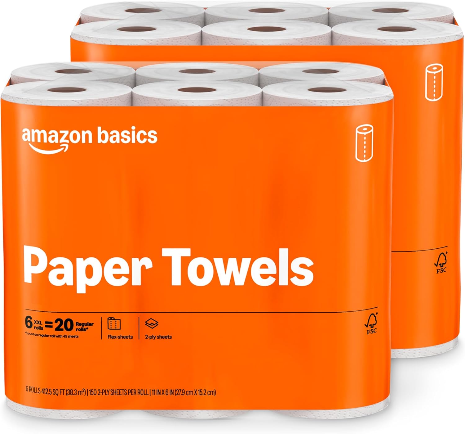 Amazon Basics 2-Ply Flex-Sheets Paper Towels, 12 Rolls = 32 Regular Rolls, 150 Sheets per Roll, Lint-Free for Multi-Surface Cleanups