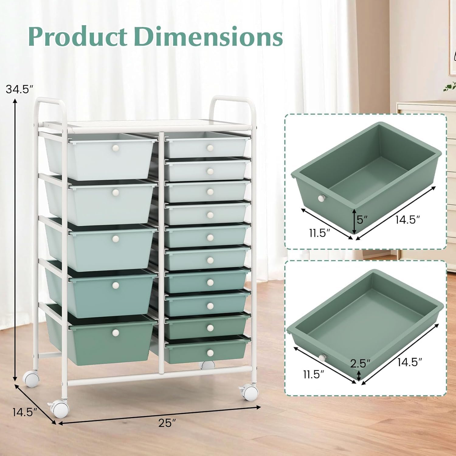 LDAILY 15 Drawer Rolling Storage Cart, Rolling Cart with Drawers for Classroom, Art Supply Craft Organizer on Wheel with Metal Frame & Handles for Home Office School (Gradient Green, 15 Drawer) - Image 3