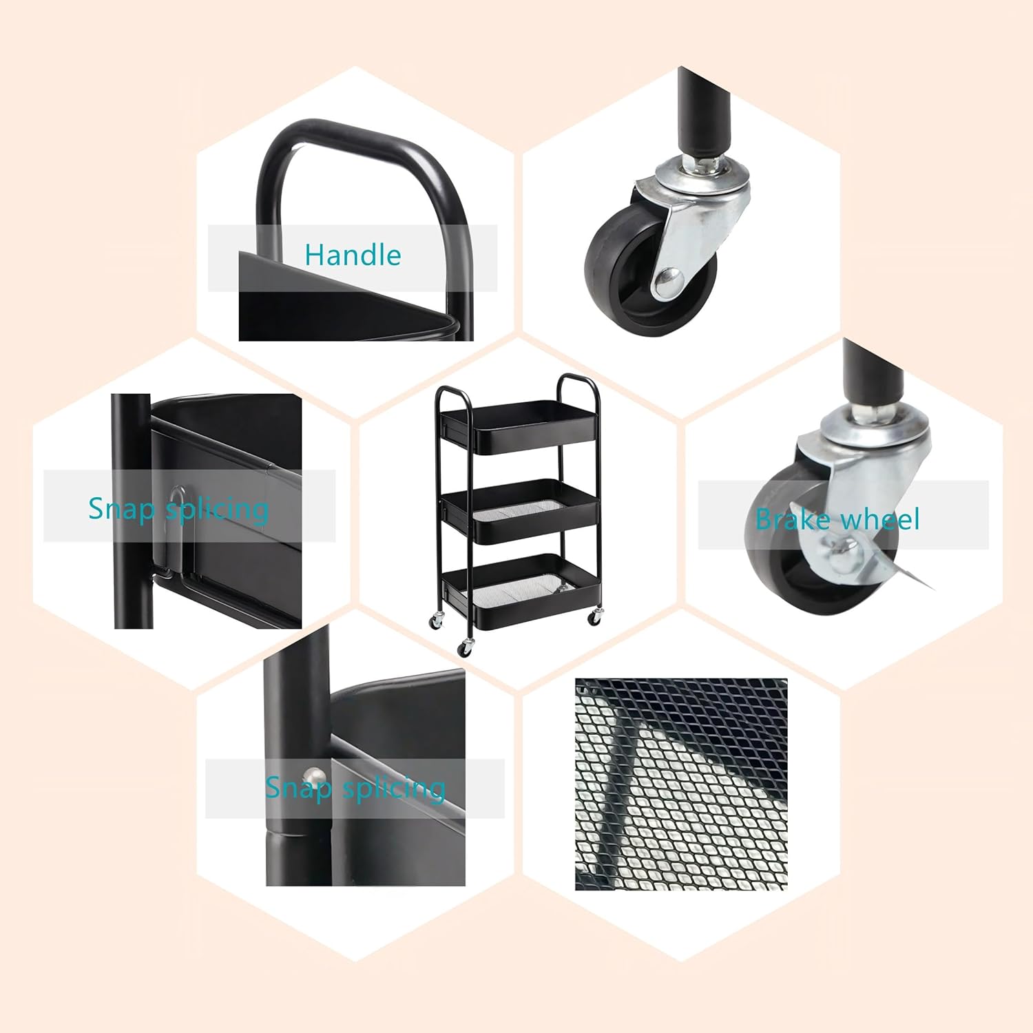 SETTFRFE 3 Tier Metal Utility Cart with Wheels,Rolling Storage Cart for Office,Dorm,Kitchen,Black - Image 7