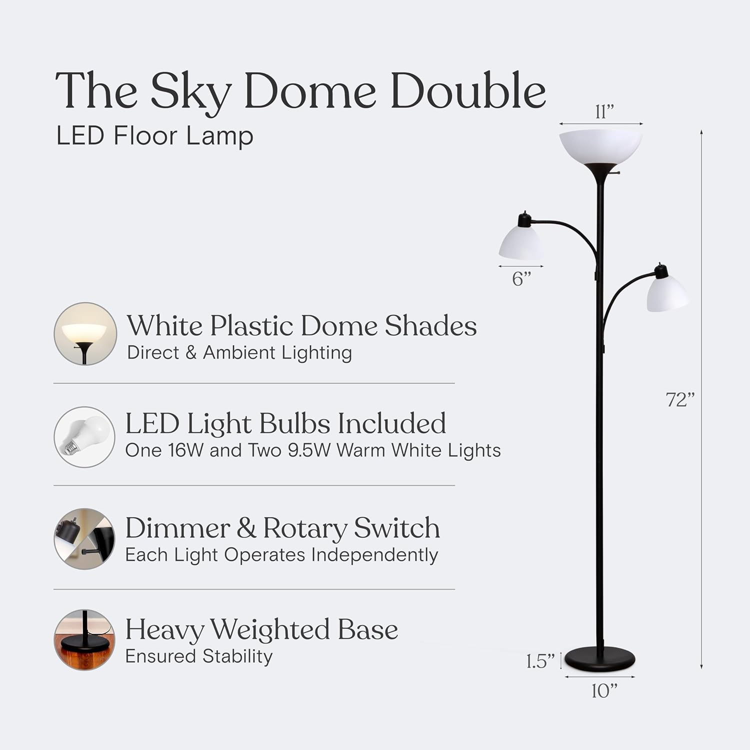 Brightech Sky Dome Double LED Floor Lamp, Torchiere Super Bright Floor Lamp with 2 Reading Lamps for Living Rooms & Offices - Dimmable Tall Standing Lamp for Bedroom Reading - Tall Black Pole - Image 3