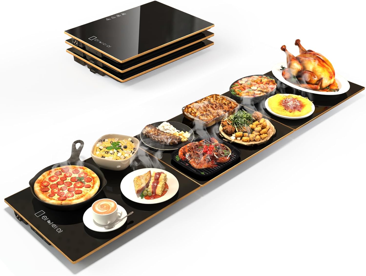Food Warmers for Parties Buffet, (47"x12") Assemblable Stackable Electric Warming Tray with 8-Level Temperature Adjustment and 8-Hour Timer, Upgraded Desktop-Protecting Food Warming Mat