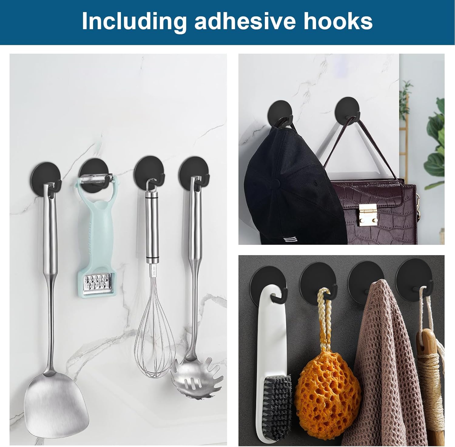 Diesisa Razor Holder 304 Stainless Steel for Shower + Adhesive Sticky Heavy Duty Waterproof Wall Hooks, Premium for Hanging Towels, Coat, hat (2+2 Pack) - Black - Image 3