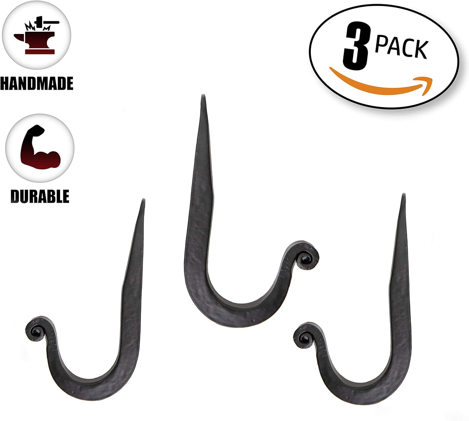 Decorative Wrought Iron Hooks for Wall - Heavy Duty Black Hooks for Hanging Coats, Bags, Hats and Towels, Rusic Wall Hangers - 3.75 x 0.5 x 2 Inch (Black, 3 Units) - Image 5