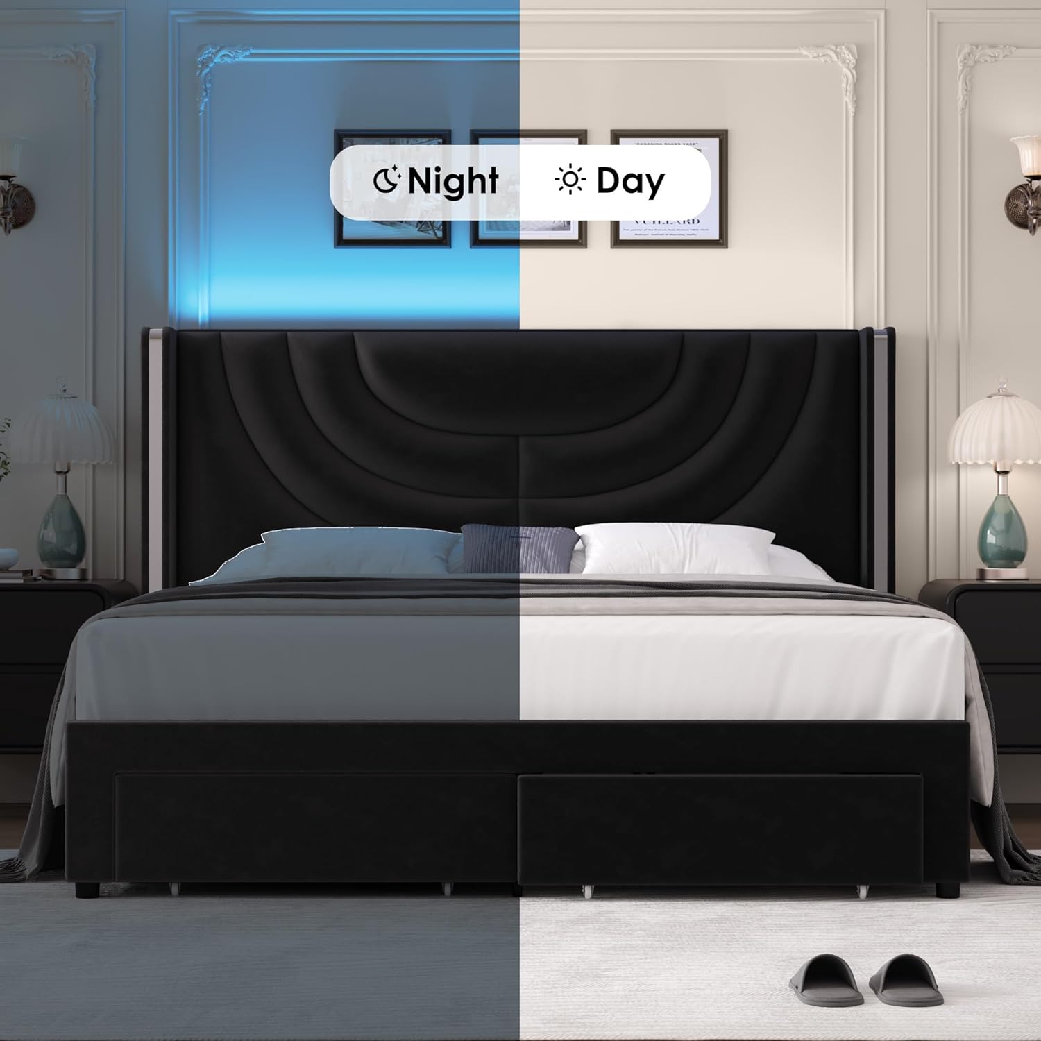 HITHOS Queen Upholstered LED Bed Frame with 2 Storage Drawers, Velvet Platform Bed with Wingback Headboard, Solid Wooden Slats Support, No Box Spring Needed, Headboard Splicing Design, Black - Image 5