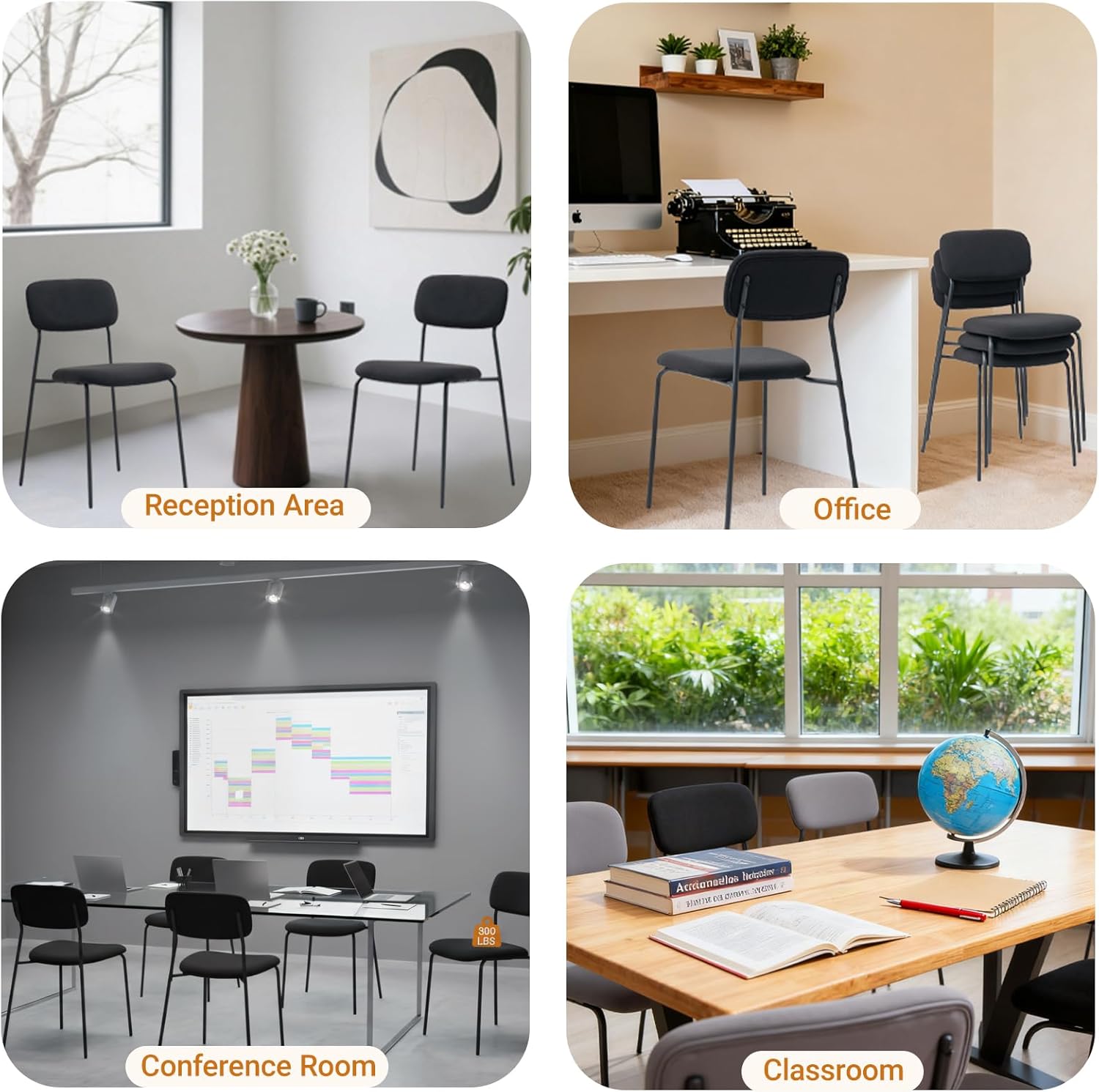 Sidanli Stackable Waiting Room Chairs, Armless Upholstered Guest Chairs Set of 4 with Comfotable Cushion for Conference Reception Break Room Lobby, Black - Image 8