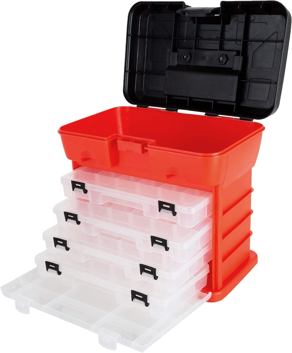 Portable Tool Storage Box - Small Parts Organizer with 4 Multi-Compartment Trays for Fishing Tackle, Hand Tools, or Craft Supplies by Stalwart