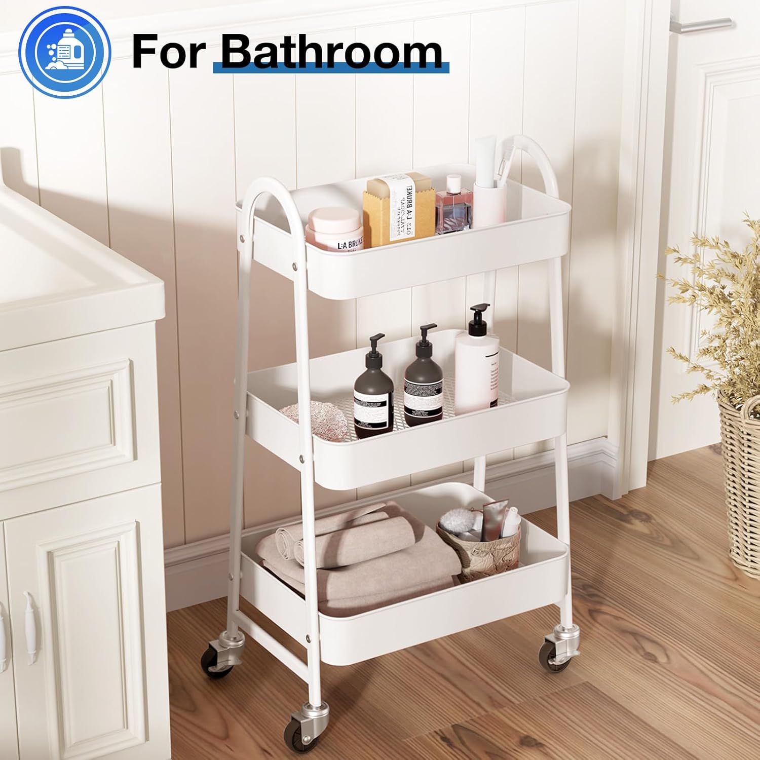 OLIXIS 3 Tier Utility Rolling Cart, Metal Mobile Storage Shelf with Lockable Caster Wheels, Organization for Livingroom, Bathroom & Narrow Places, White - Image 5